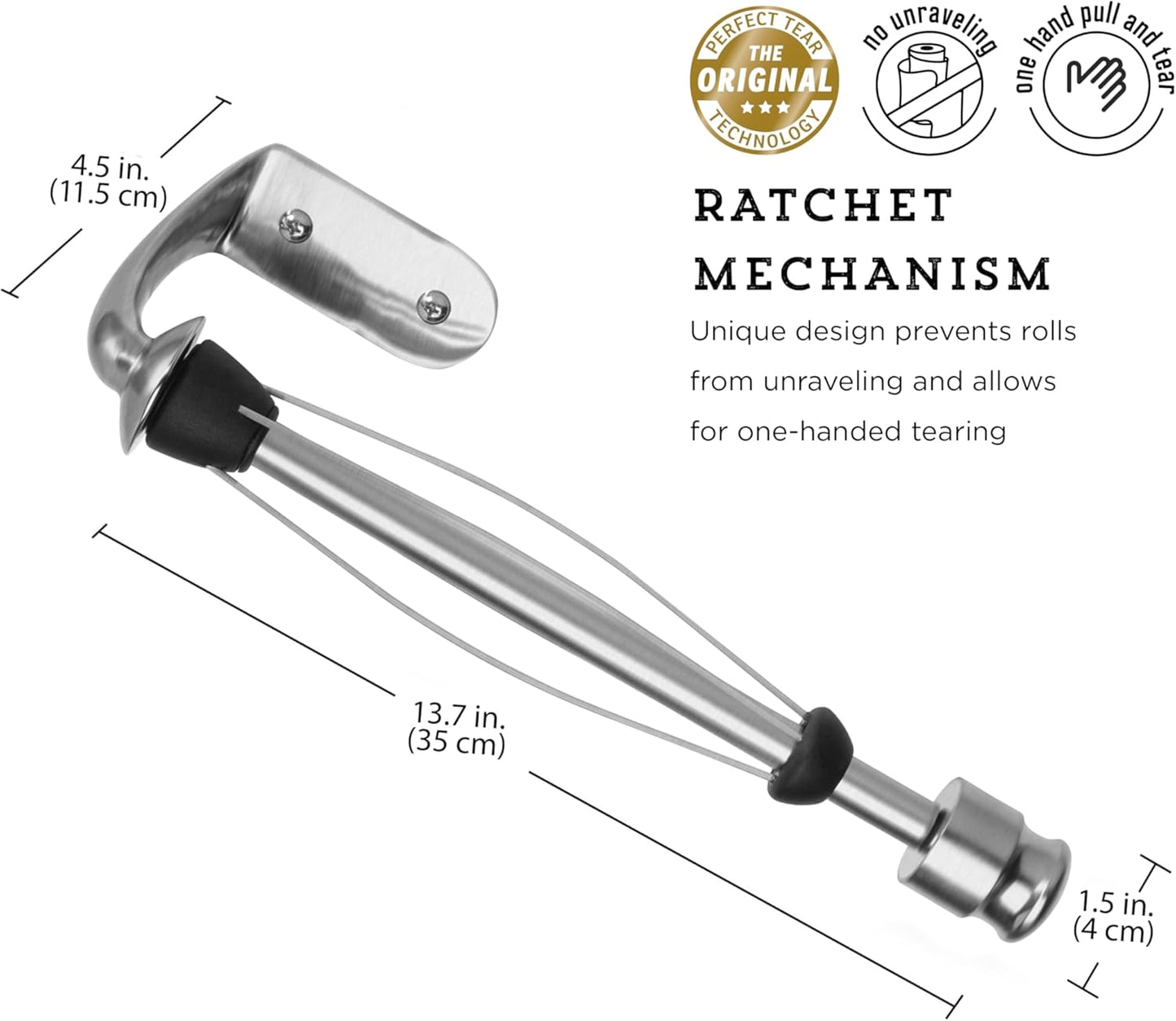 Kamenstein Perfect Tear Wall Mount Paper Towel Holder, Patented Design for One-Handed Use, Rounded Finial, 14-Inch, Brushed Silver Metal Finish