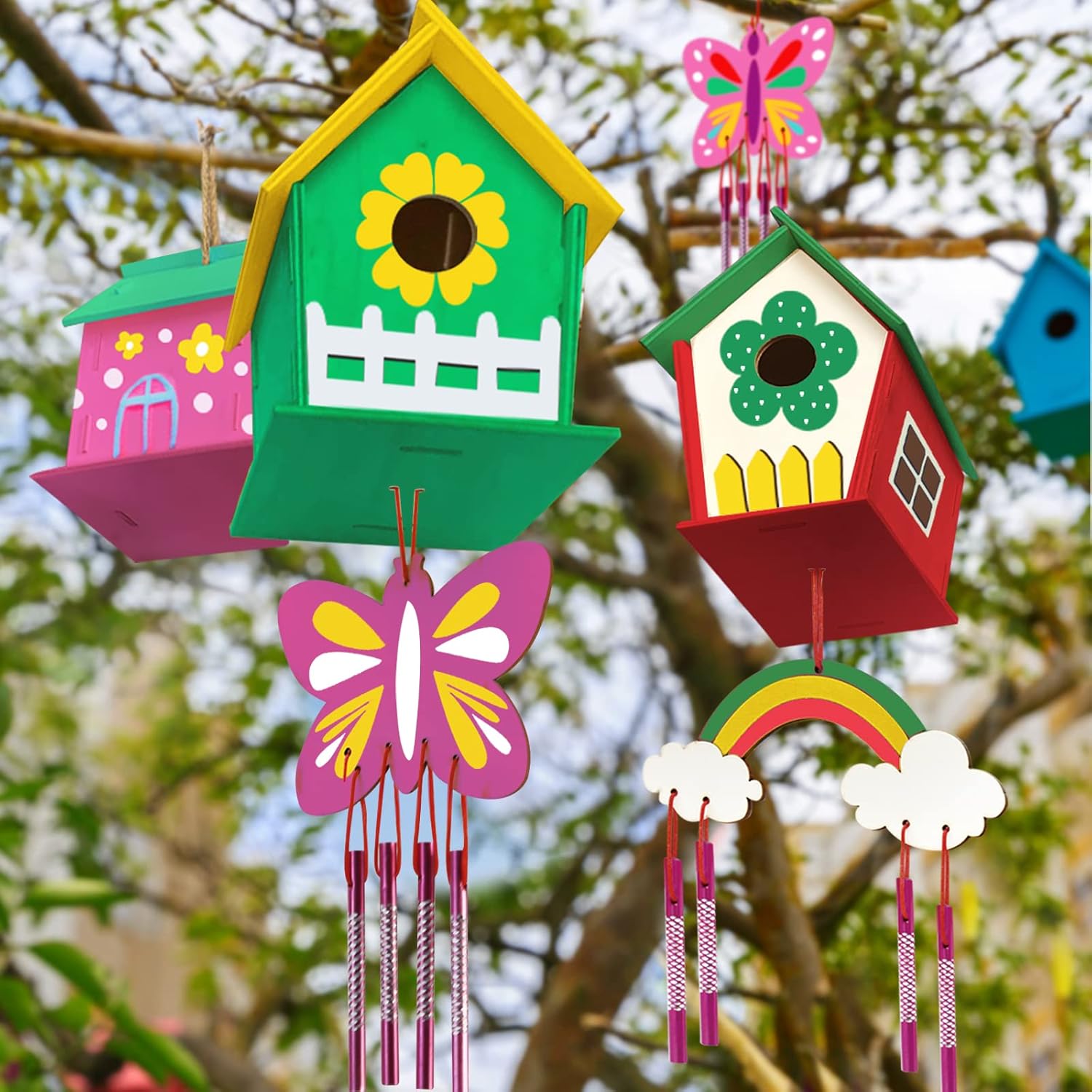 Crafts for Kids Ages 4-8 - 4 Pack DIY Bird House Wind Chime Kit - Buil
