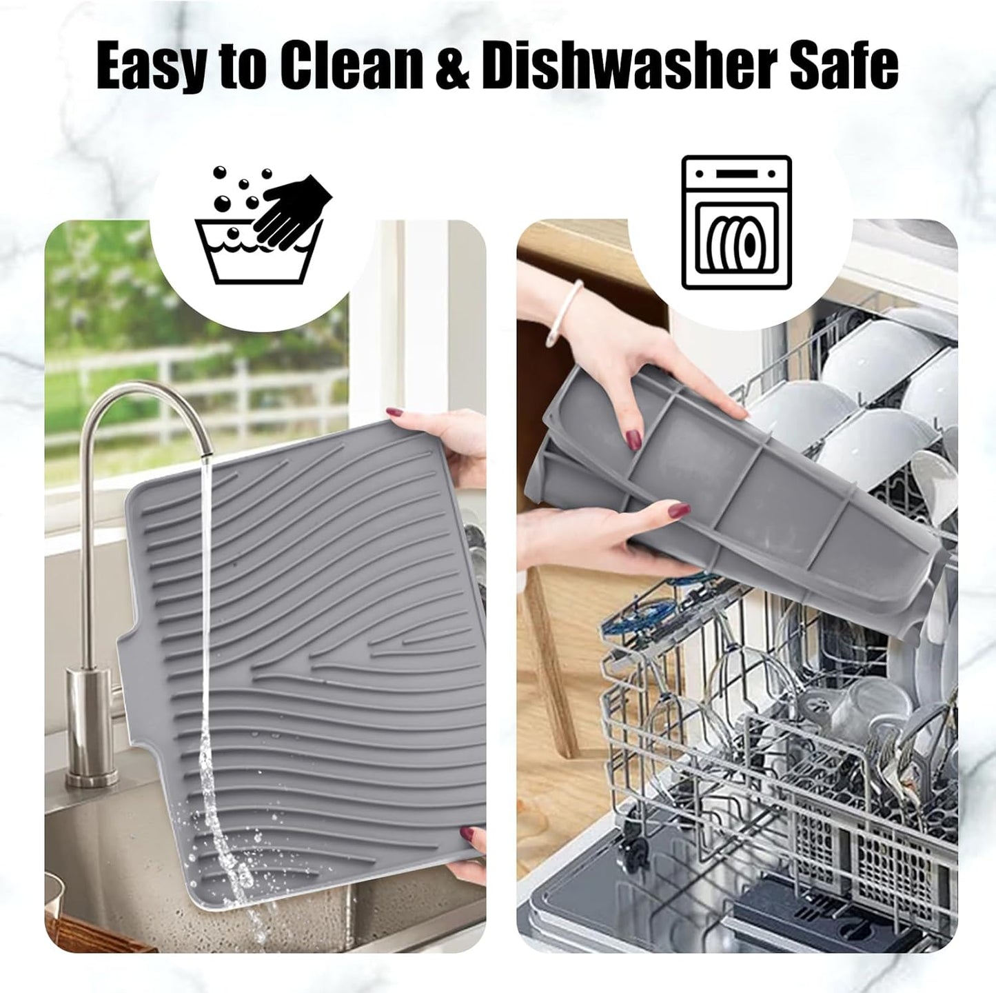 Silicone Dish Drying Mat, Stone Drying Mat for Kitchen Counter with Built-In Drain, Non-Slip Drain Pad with Built-in Drain, Heat Resistant Stone Drying Mat, Hangable, Grey-1pcs, 16" x 12"