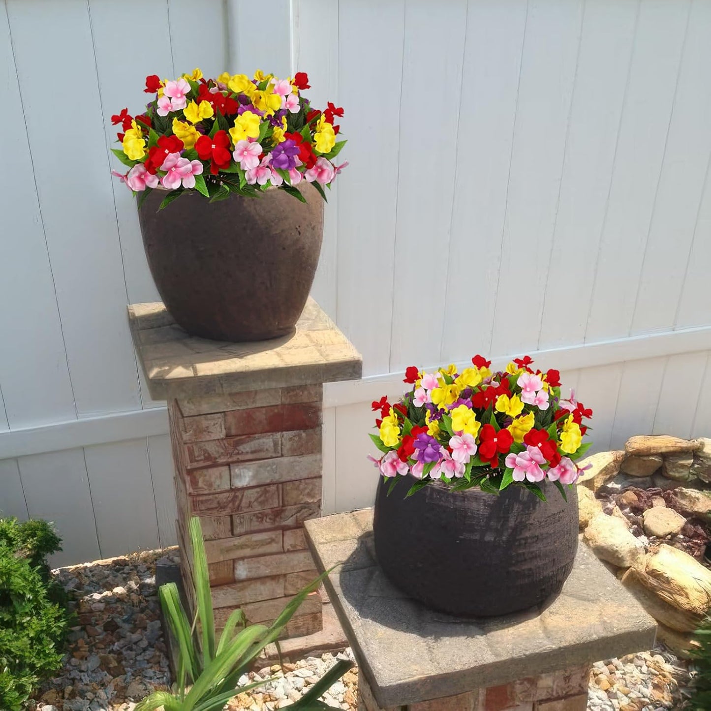 4 Pcs Artificial Flowers for Outdoors Impatiens UV Resistant Silk Flowers Hibiscus Faux Impatiens Flowers for Outdoor Planters Pot Patio Garden Hanging Basket Porch Table Indoor Decor