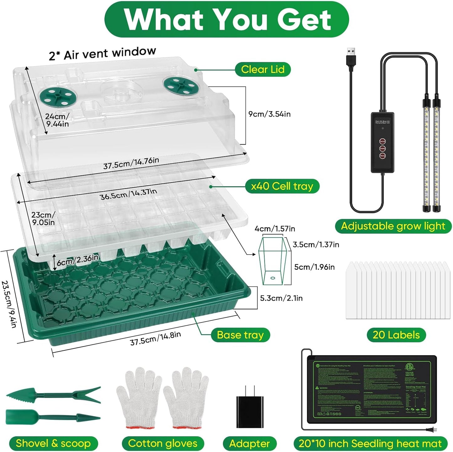 BlumWay 4-in-1 Seed Starter Tray with Grow Light &Heat Mat & Soil Mete