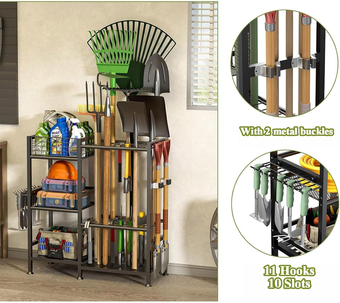 Metal Garden Tool Cart for Outdoor, Heavy Duty Yard Tool Rack Stand Organizer with Hooks, Long Handled Shovels/Rakes/Brooms