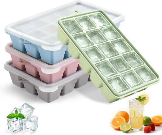 Silicone Ice Cube Trays with Lid, Set of 4, Easy Release Ice Molds, Reusable and Stackable Ice Trays for Freezer for Cocktail, Whiskey, Baby Food, BPA Free (multicolour)