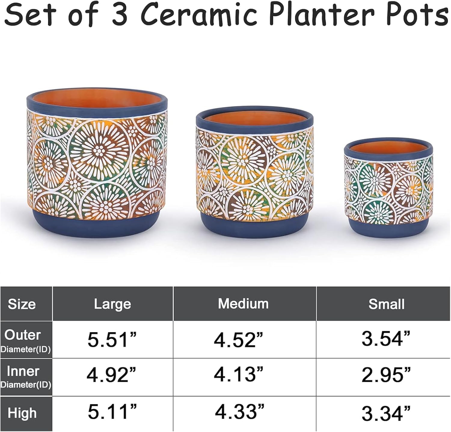 DeeCoo 3 Piece Ceramic Plant pots Indoor Pots Set with Drainage Holes,