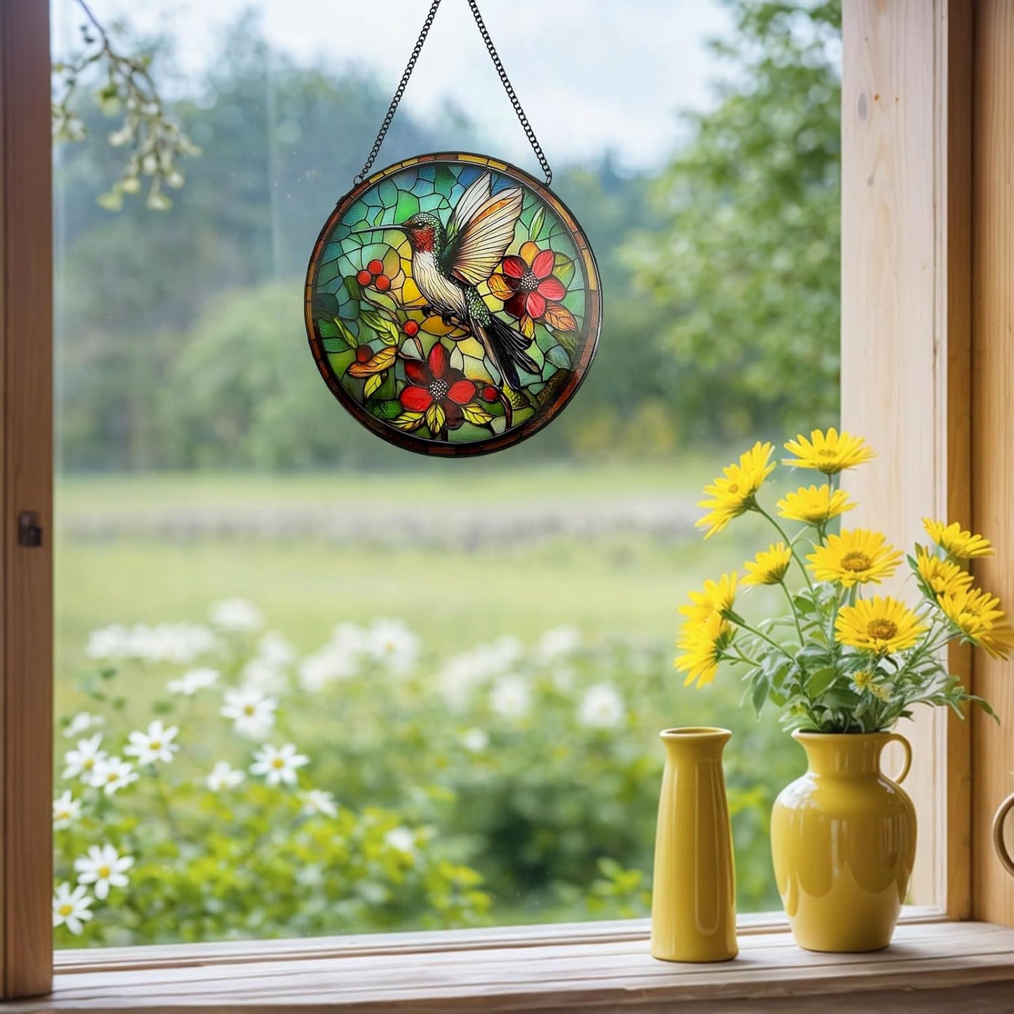 Stained Glass Hummingbird Suncatcher for Windows Hanging, 7.87x7.87 Inches Handmade Window Decor, Gift for Bird Lovers Women - Mom, Grandma, Aunt for Birthday Valentine's Day Mother's Day
