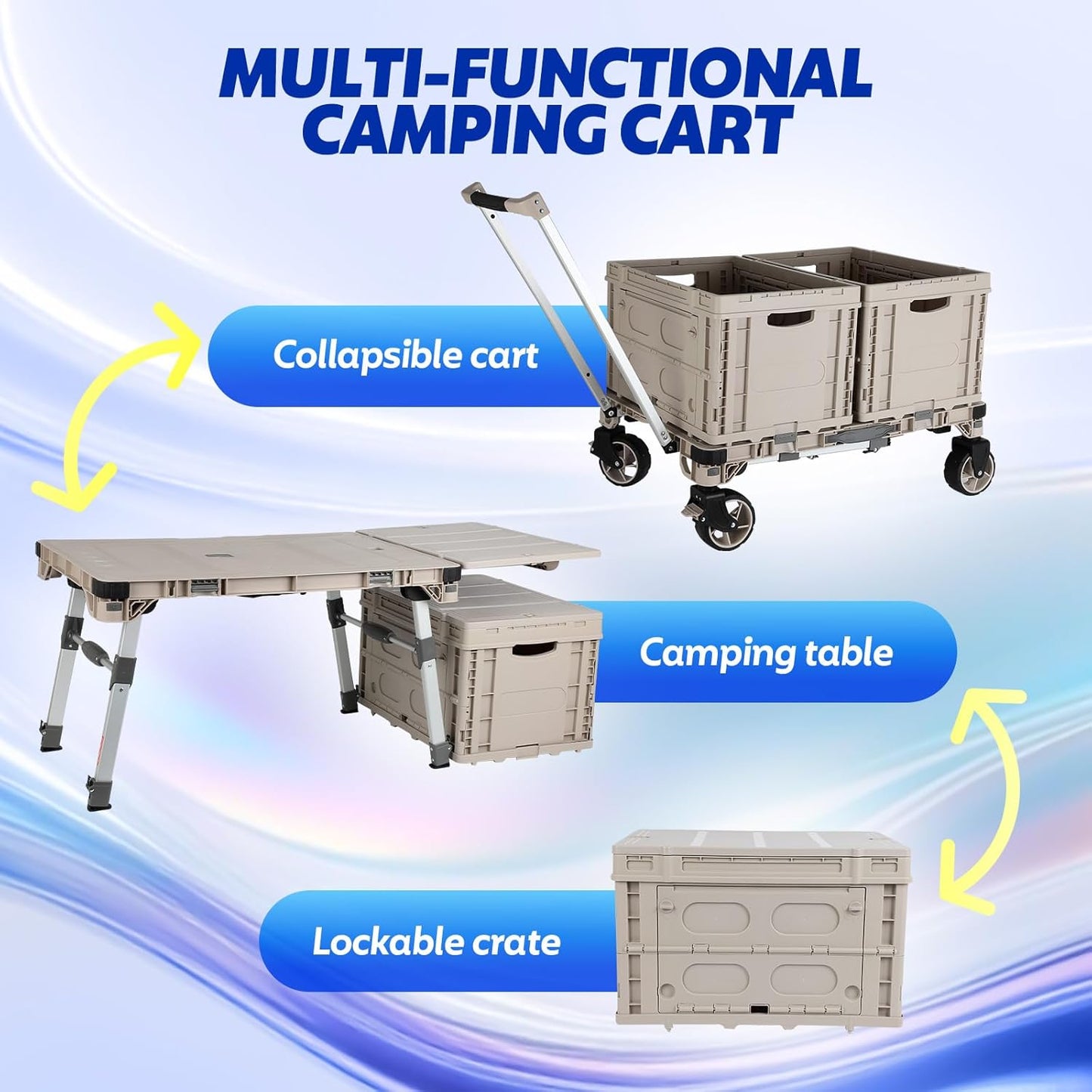 Foldable Camping Table Cart,3-in-1 Convertible Utility Wagon with 2 Lockable Storage Boxes, 360° Rotating Wheels & Adjustable Legs for Outdoor Camping, Travel & Hiking