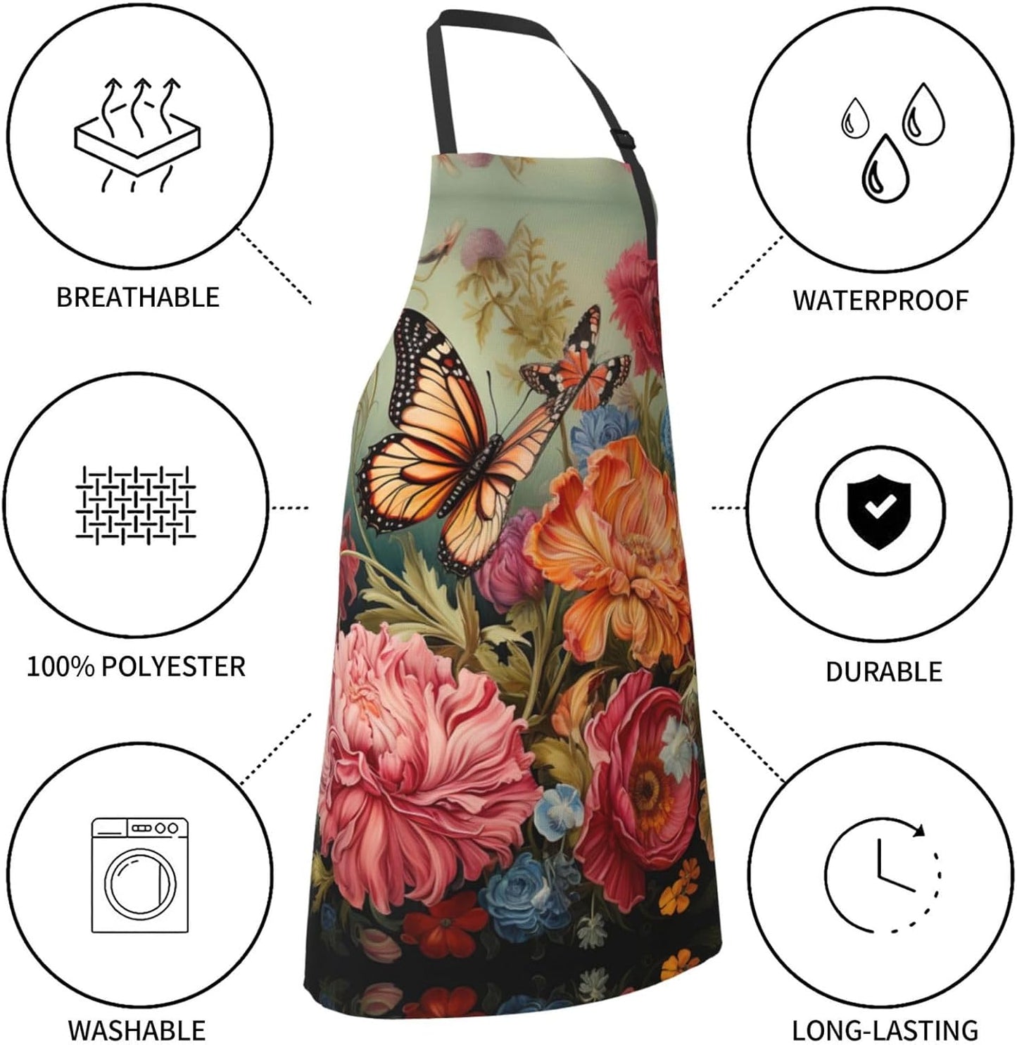 Flowers and Butterfly print Waterproof chef's apron with pocket apron for kitchen cooking baking barbecue and gardening