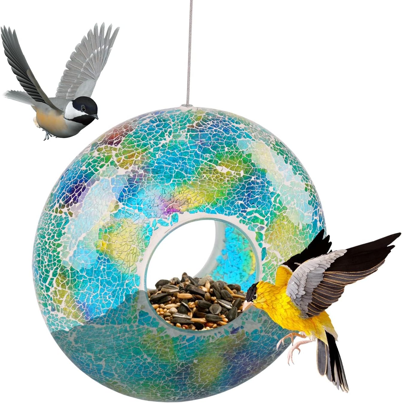 Topadorn Outdoor Bird Feeder - Decorative Mosaic Circle Fly Through Design for Birds