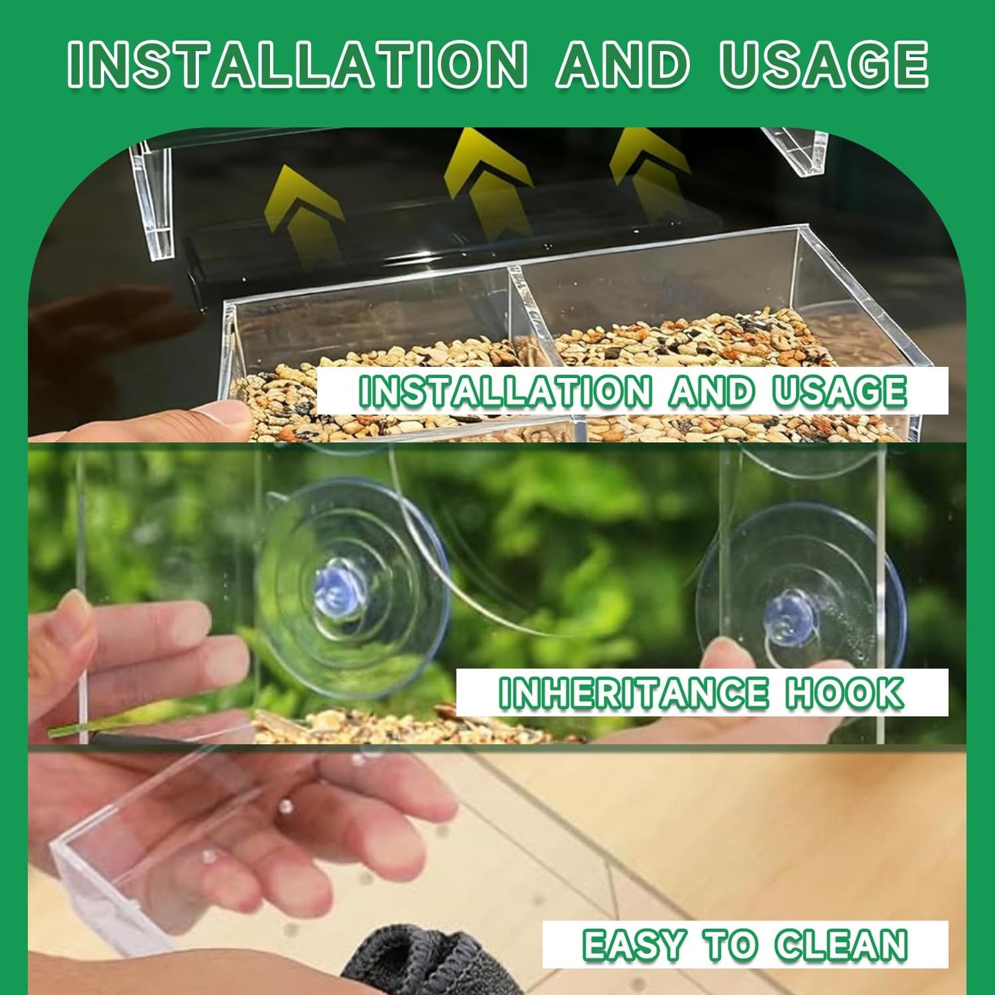 Window Bird Feeders (Large & Small) Plus Hummingbird Waterers（3-Piece Set） Lure Various Birds, Offer Easy Food & Water Access. Extra-Strong Suction Cups, Easy to Mount, Perfect for Outdoor Use.