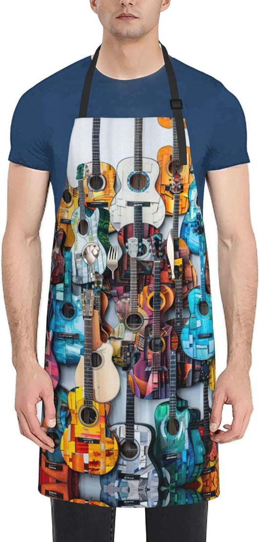 Color Acoustic and Guitars print Waterproof chef's apron with pocket a