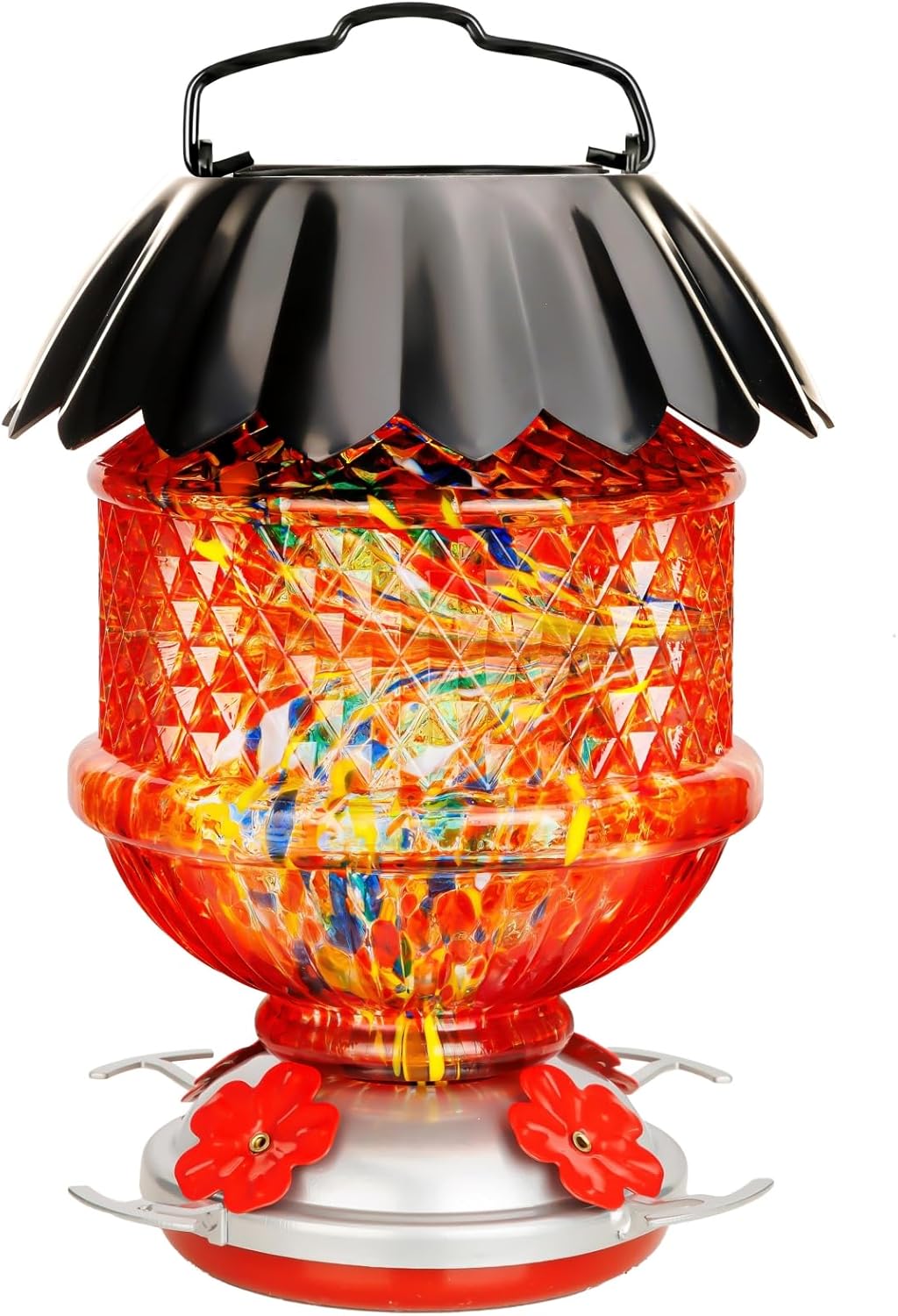 Solar Hummingbird Feeder with Perch 48 OZ Hand Blown Glass Hummingbird