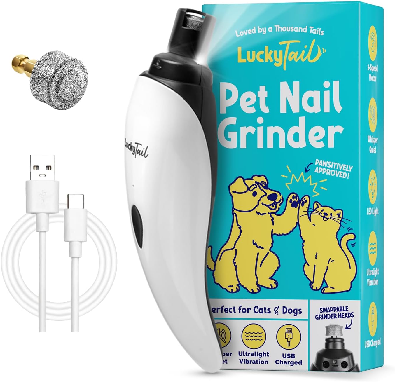 LuckyTail Pet Nail Grinder for Dogs and Cats - Super Quiet and Low Vib