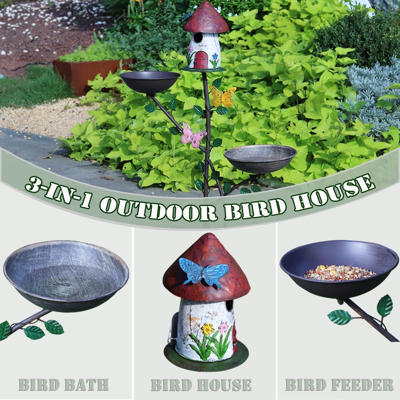Multi-Functional Birdhouses for Outdoors, Metal Bird House with Bird Feeder and Bird Bath, 3-in-1 Suitable for Garden Decoration Yard, Cast Iron Base