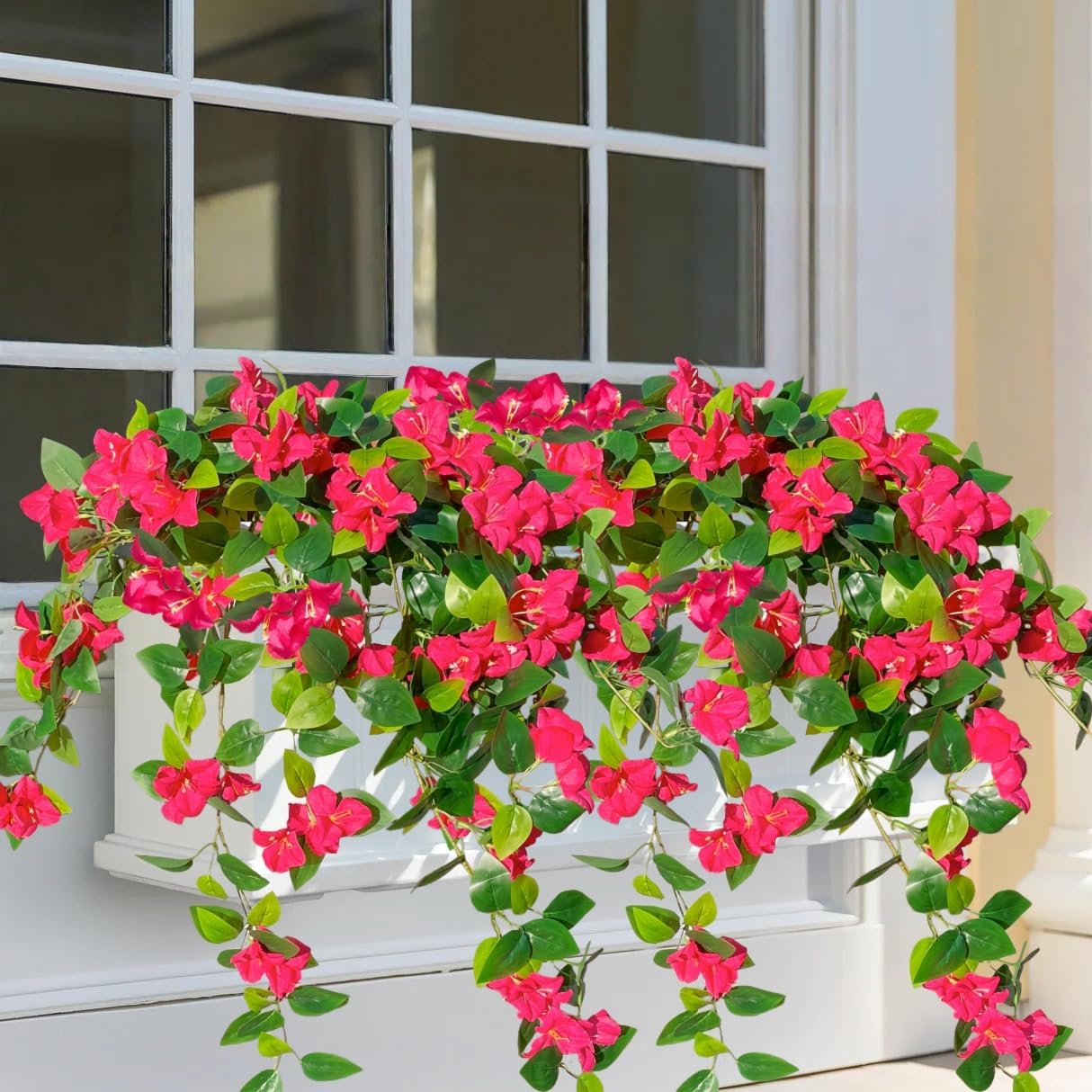 Artificial Faux Bougainvillea Flowers Plants for Outdoor Outside UV Resistant, 2 PCS Fake Silk Long Hotpink Hanging Vines Realistic Look Real for Spring Porch Planter Pot Patio Balcony Yard Decoration