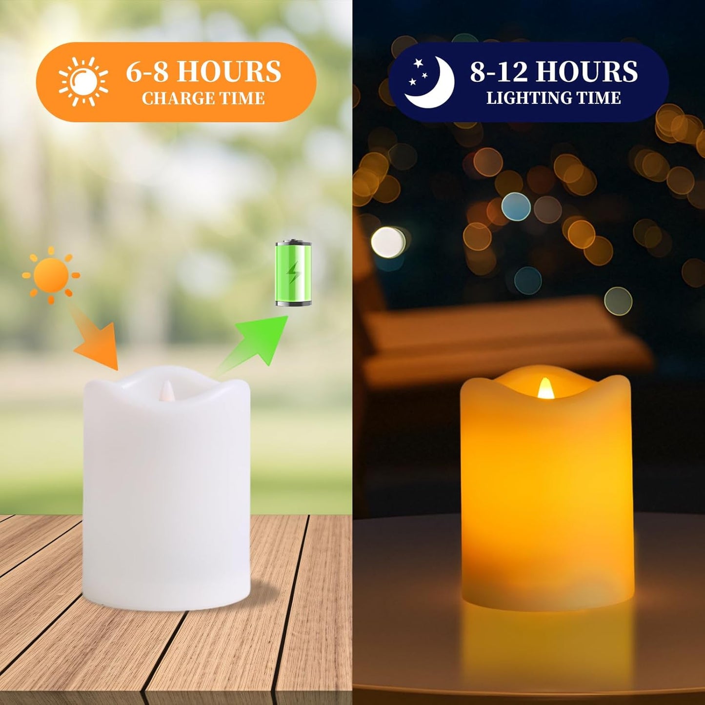 Solar Flameless Pillar Candles Outdoor 4 Pack, 3"x4" Rechargeable Solar Powered Lights, IP65 Waterproof Dusk to Dawn Sensor Solar Candles for Backyard, Garden, Patio, Porch, Pathway, Table Centerpiece