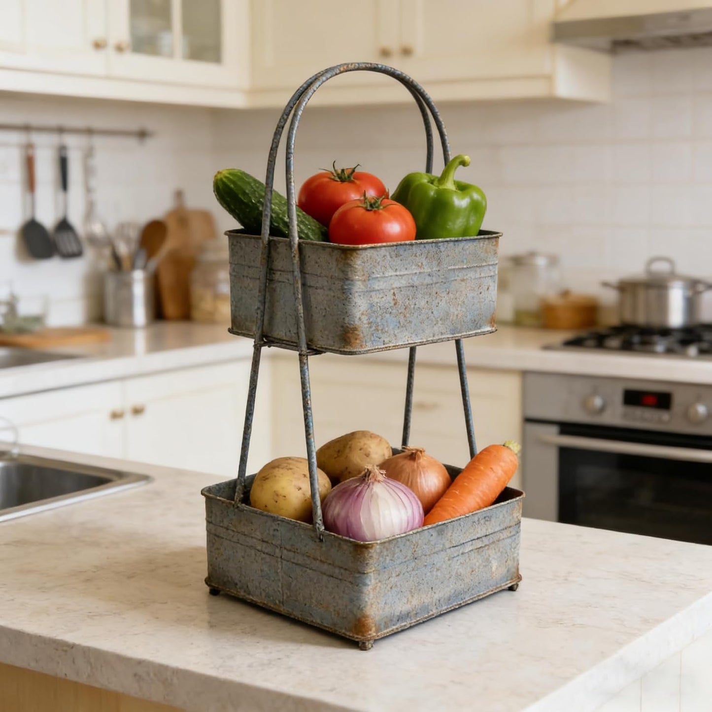 2-Tier Vintage Metal Storage Basket Farmhouse Distressed Double-Layer Kitchen Counter Organizers Rustic Organizing Bin for Kitchen Pantry (Gray)