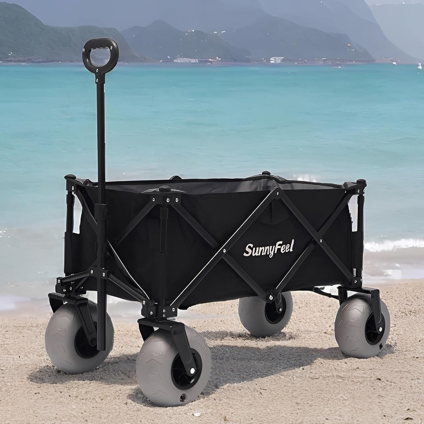SUNNYFEEL 41" L Beach Wagon with Big Wheels for Sand - 550lbs Heavy Duty Folding Beach Wagon - All Terrain Steel Frame with 9" Pneumatic Tires for Beach,Camping,Sports,Garden (Black)