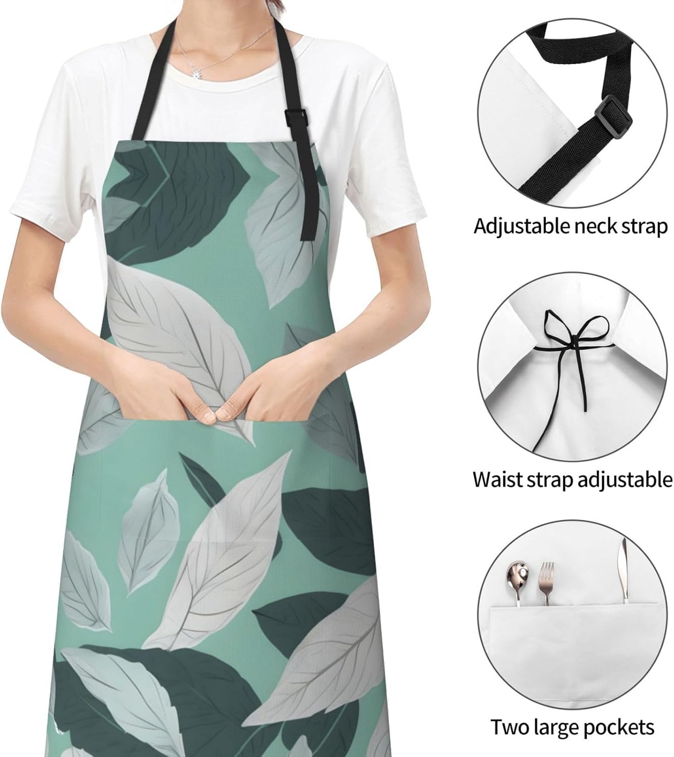 Mint Gray Leaves Print Laundry apron 28x33 In Waterproof Kitchen Apron with Pockets for Cooking Baking