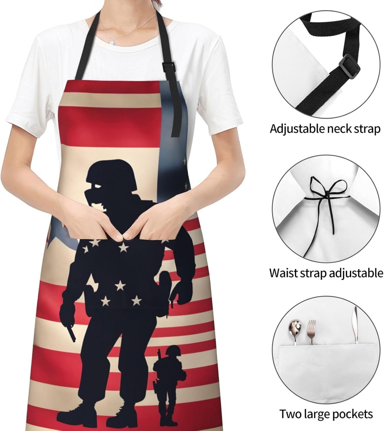 US Military Soldiers Patriotic Memorial Day Print Laundry apron 28x33 In Waterproof Kitchen Apron with Pockets for Cooking Baking