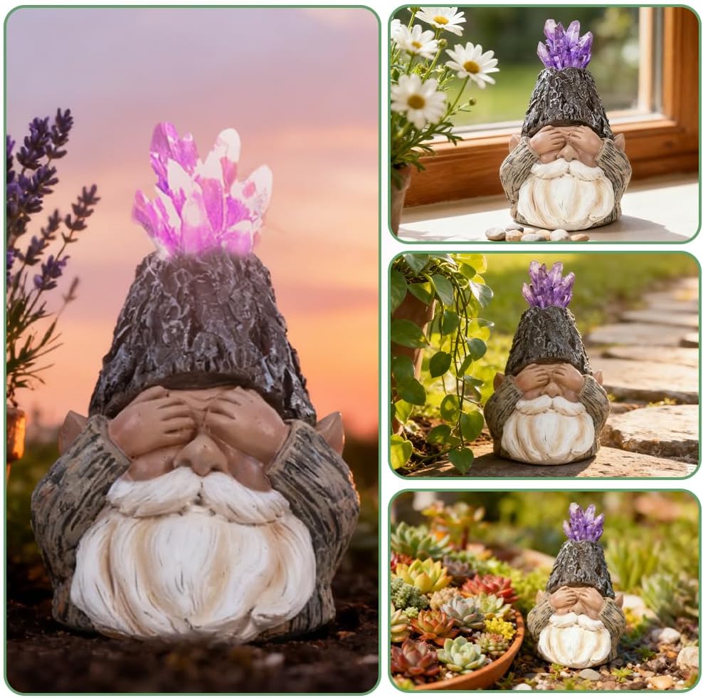 Solar Gnome Statue Decor with LED Solar Light, Handcrafted Resin Garden Amethyst Crystal Gnome Lamp Figurine for Yard Porch Home Decor for Gardeners & Garden Aesthetic Lovers