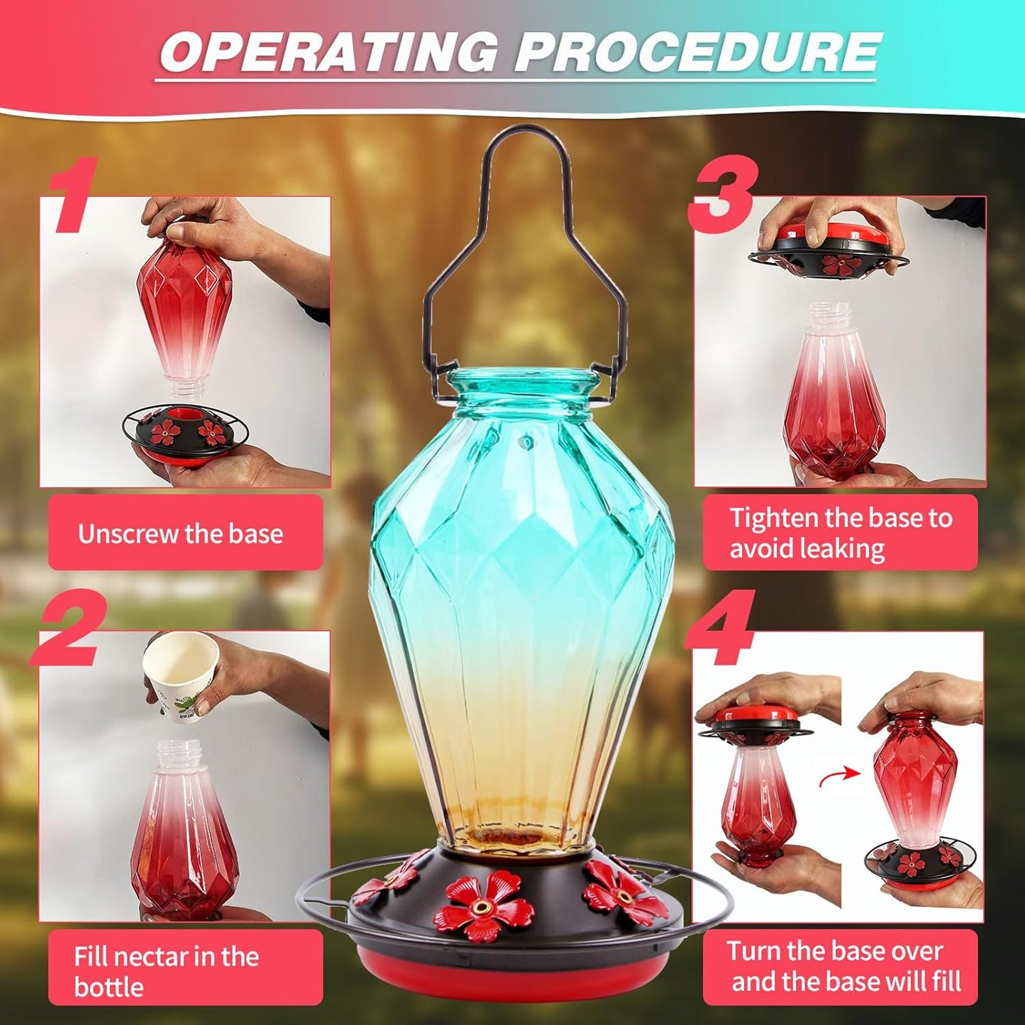 Glass Hummingbird Feeder for Outdoors Hanging, 25Oz Humming Bird Necta