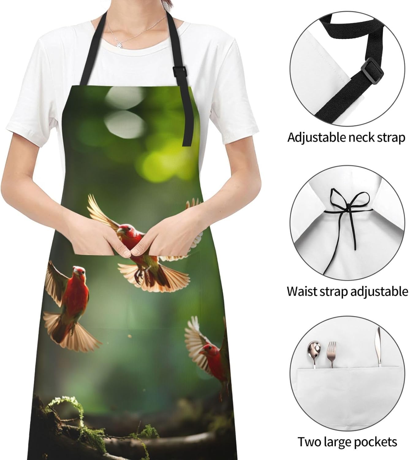 red Birds print Waterproof apron with pocket adjustable cooking apron 