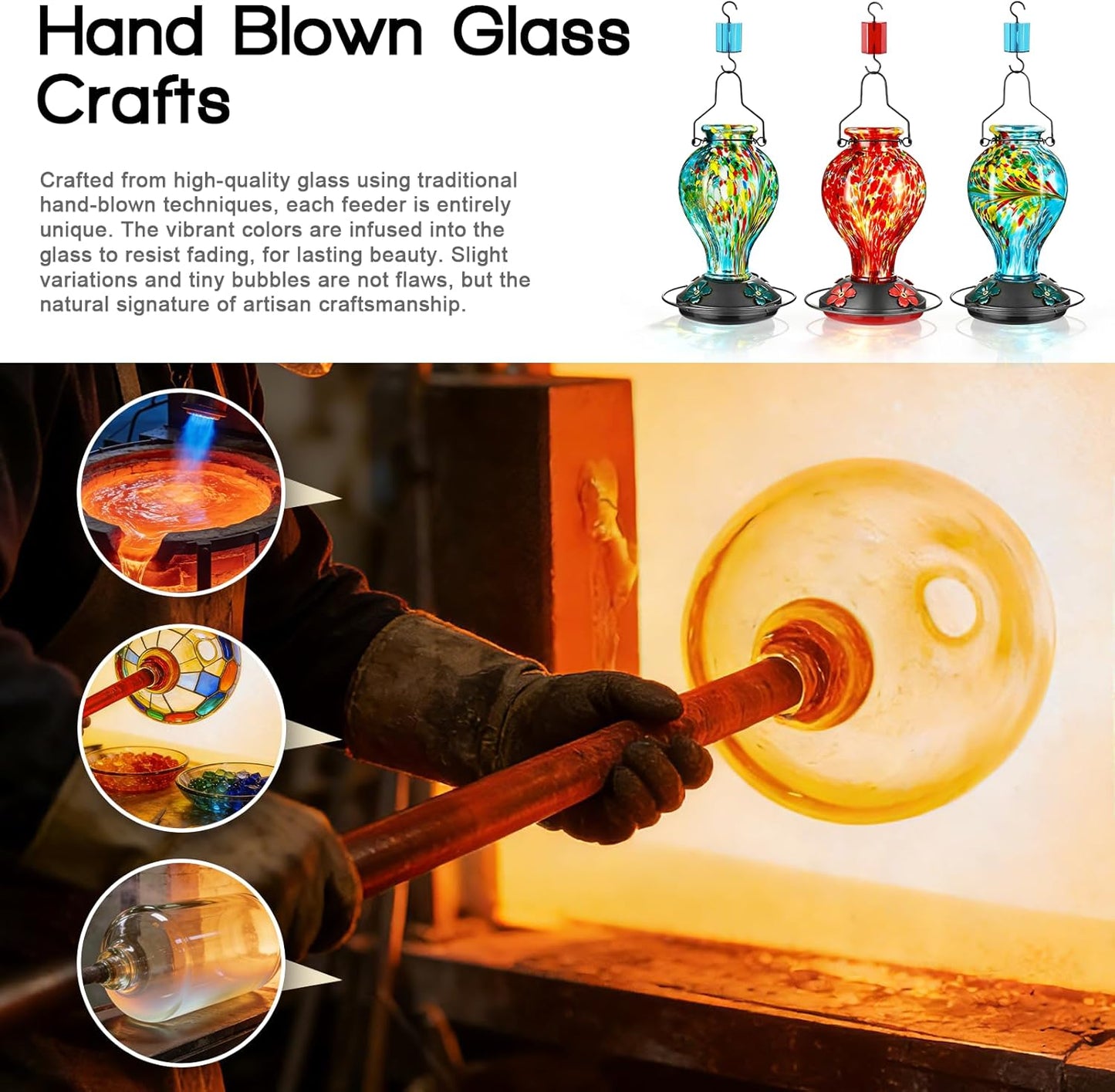 Hand Blown Glass Hummingbird Feeders for Outdoors Hanging, 24oz Wild B