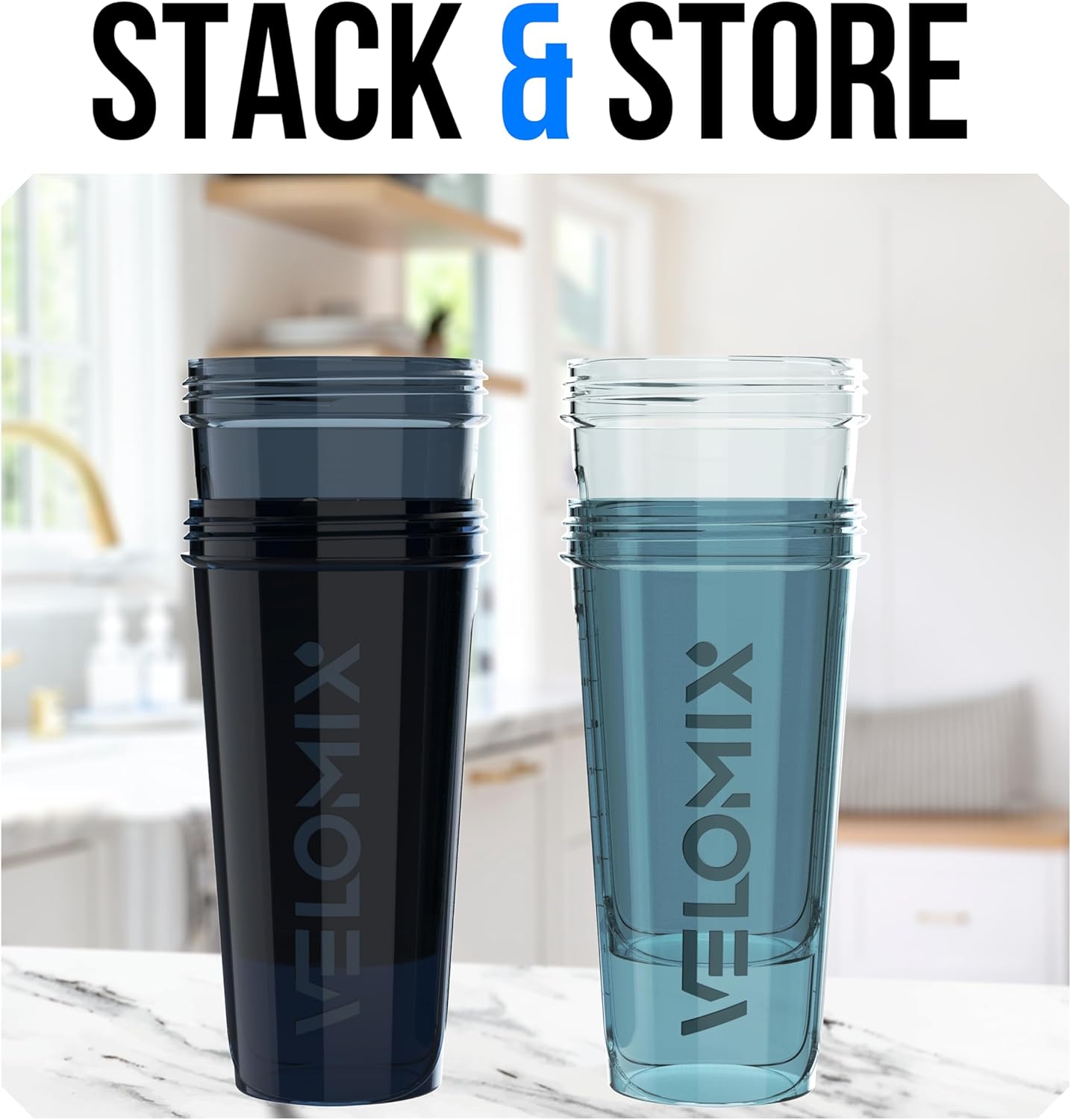 VELOMIX -4 PACK 28 Oz Protein Shaker Bottle for Protein Mixes - 4x Wire Whisk | Leak Proof Shaker Cups for Protein Shakes | Large, Stackable Protein Shaker Bottle Pack | Dishwasher Safe (Aqua Depths)