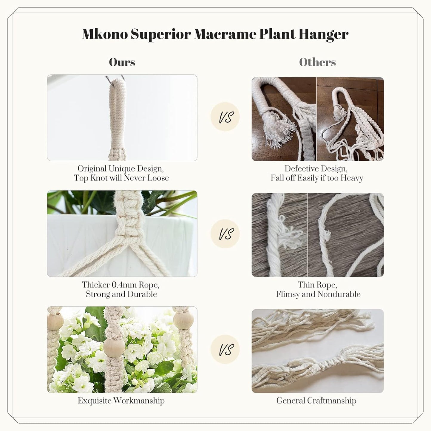 Mkono 3 Pack Macrame Plant Hangers Indoor Different Size Hanging Planter Basket Flower Pot Holder with Beads No Tassels 35"/29"/23", Medium, Ivory
