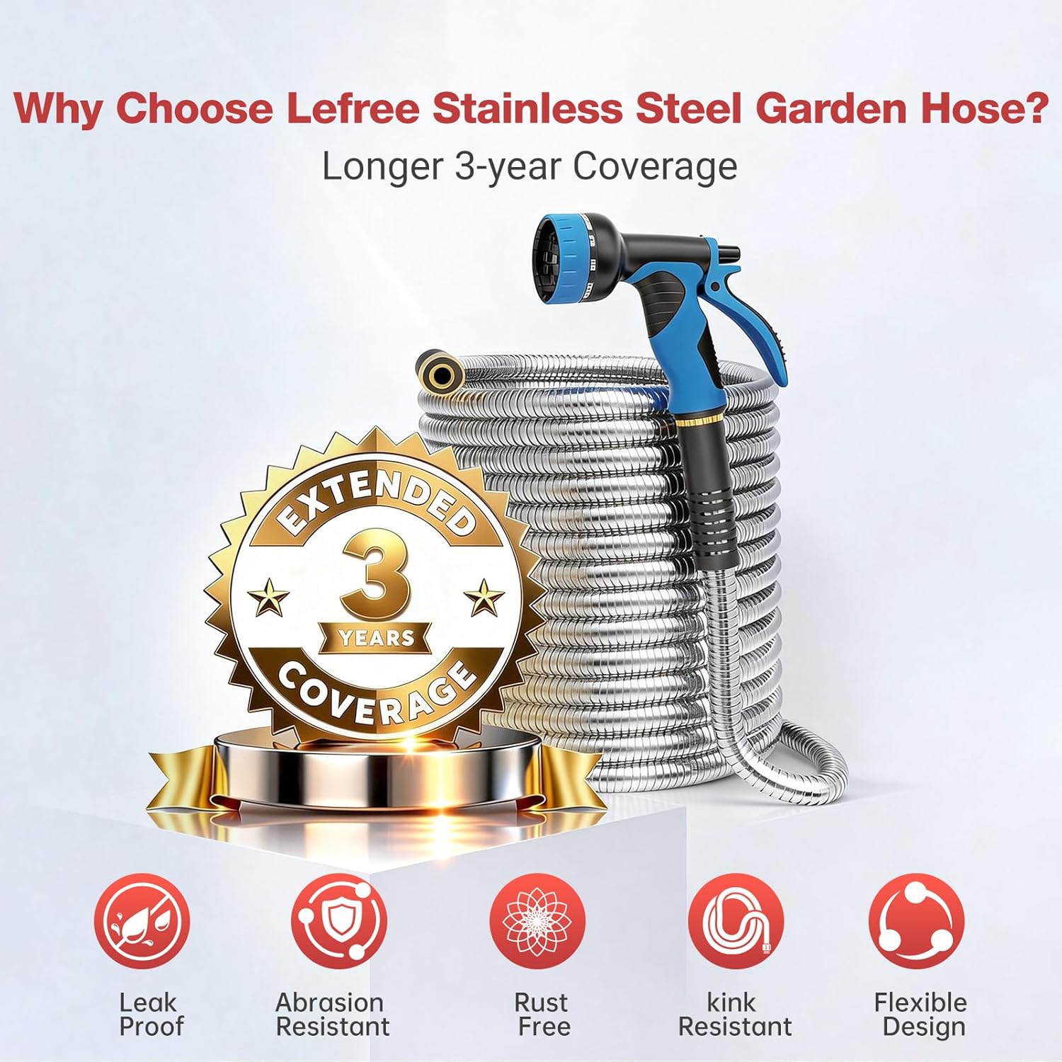 Lefree 100ft Metal Garden Hose - Heavy Duty 304 Stainless Steel Flexib