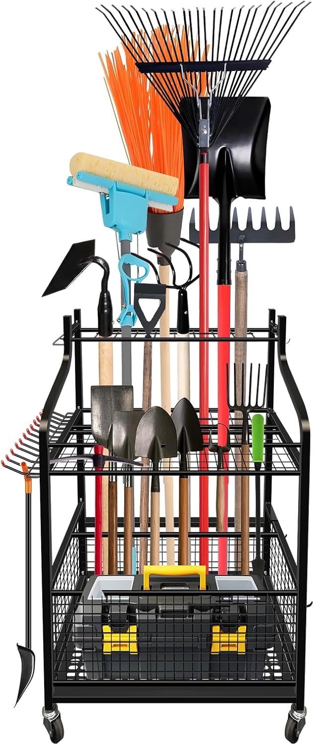 Garden Tool Organizer, Yard Tool Organizer with Wheels, Metal Yard Tools Storage, Heavy Duty Garden Tool Organizer for Garage, Partitioned Tool Organizer and Storage for Garage, Tool Stand, Outdoor