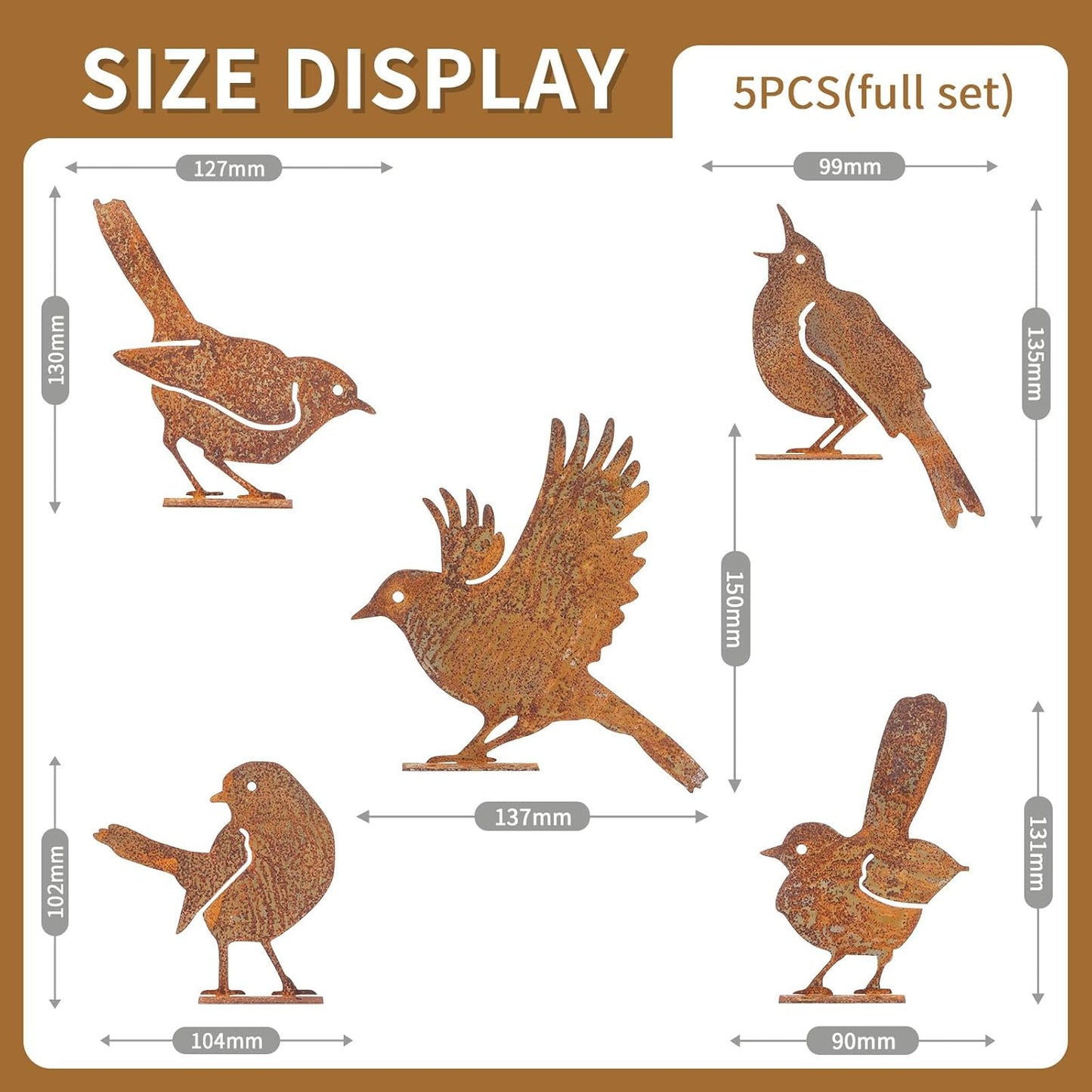 Geila 5PCS Rusty Birds Decoration, Fence Decorations Outdoor, Metal Birds Yard Decor Perfect Yard Art and Large Outdoor Ornaments (5PC)