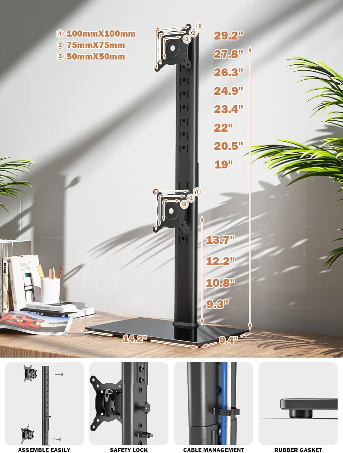Dual Monitor Stand - Vertical Stack Screen Free-Standing Monitor Riser