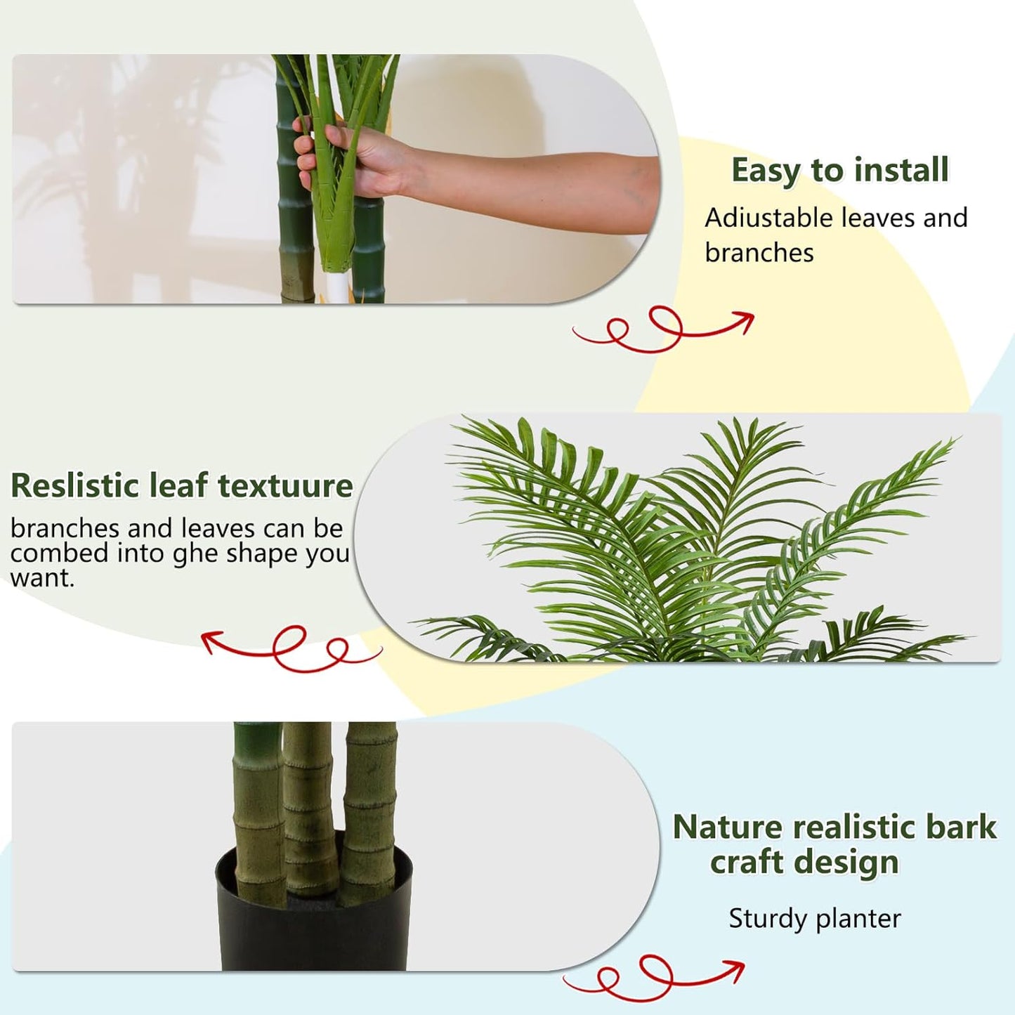 5FT Tall Golden Cane Artificial Palm Tree, Large Faux Palm Tree with 3 Textured Trunks, Outdoor Artificial Plants, Fake Tree for Indoor Office Living Room Outside Patio.