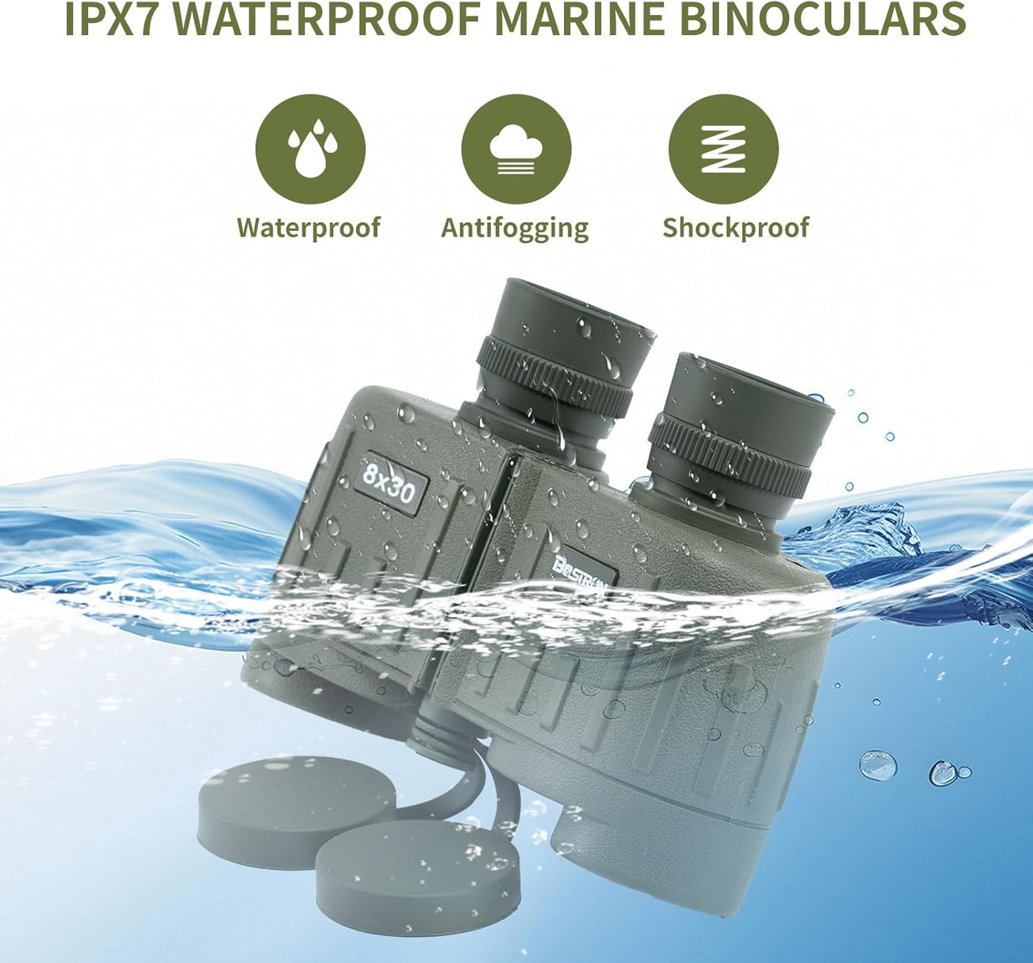 8X30 Marine Binoculars for Adults with Rangefinder Phone Adapter, Shockproof Military IPX7 Floating Waterproof Compact Binoculars with BAK4 Prism FMC Lens for Sailing Boating Navigation Bird Watching