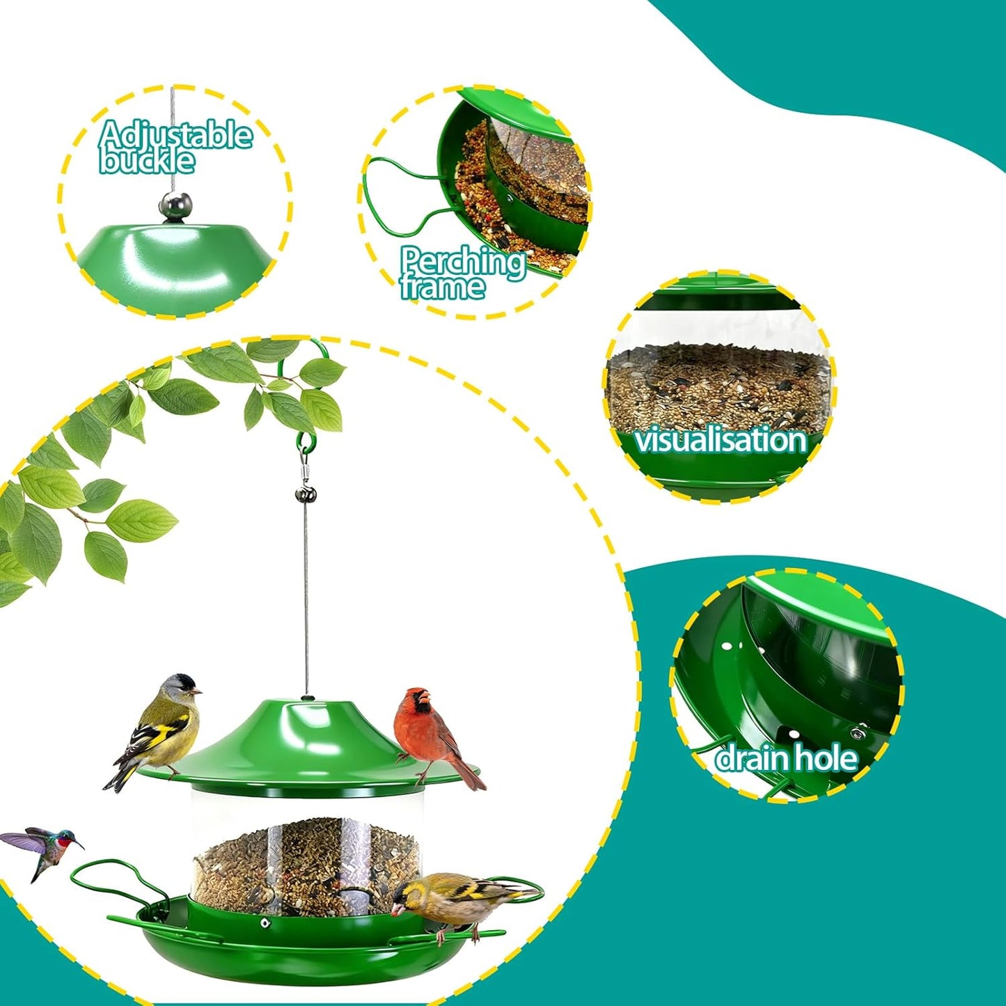 Outdoor Hanging Bird Feeder Visible Metal Construction for Durability 1.8L Capacity Multi-Hole Seed Tray Multiple Feeding Stations Green Color Adjustable Hanging Design Easy-Fill lid (Green)