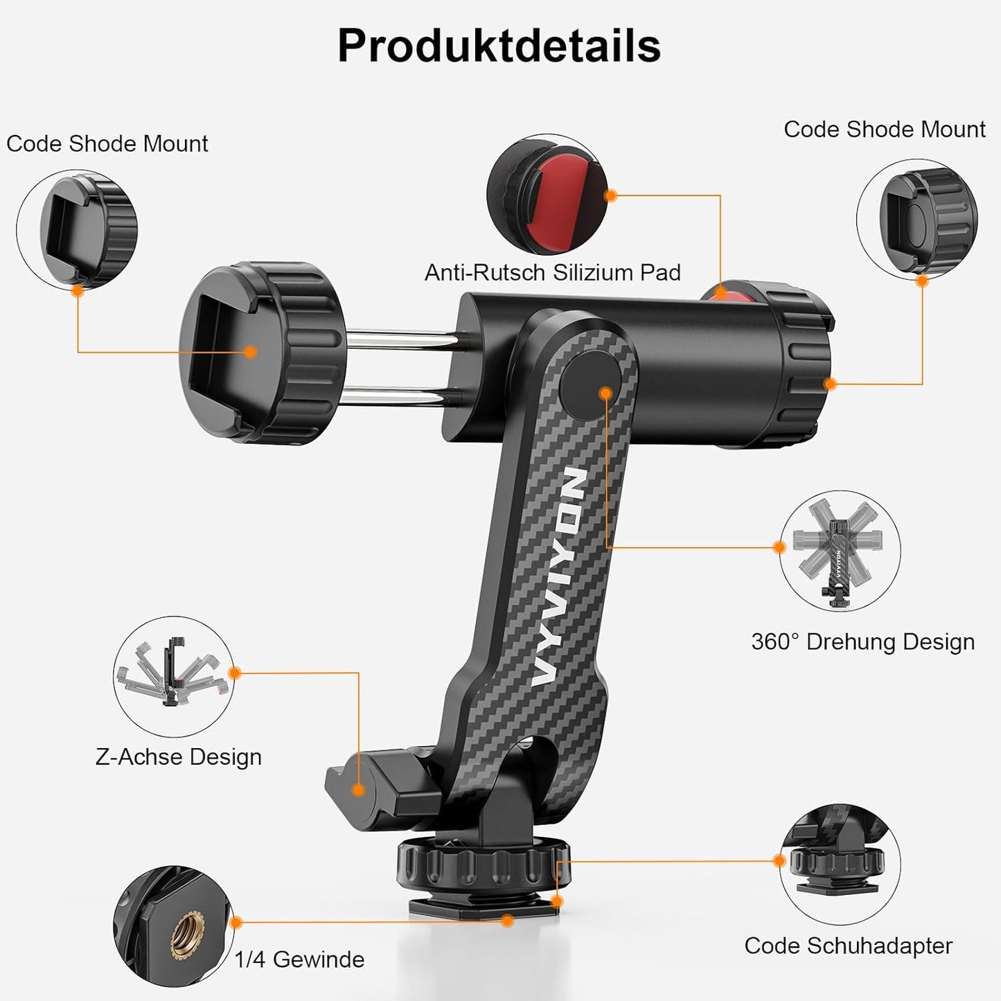 Cell Phone Tripod Mount, Tripod Phone Holder with 1/4" Screw 2 Cold Shoes, 360°Rotates 180°Tilts Adjustable Camera Hot Shoe Phone Mount for iPhone,Samsung, Selfie Stick, Camera Stand