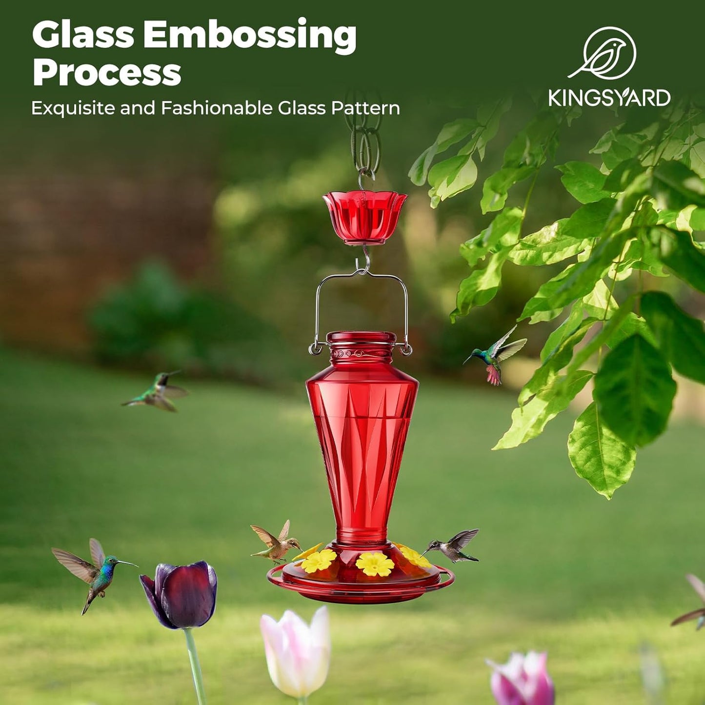 Kingsyard Glass Hummingbird Feeders for Outdoors Hanging Ant & Bee Proof, 16 Ounces Bird Nectar Feeder 6 Flower Feeding Ports, Leak Proof, Easy to Refill & Clean, Ant Moat Included, Red