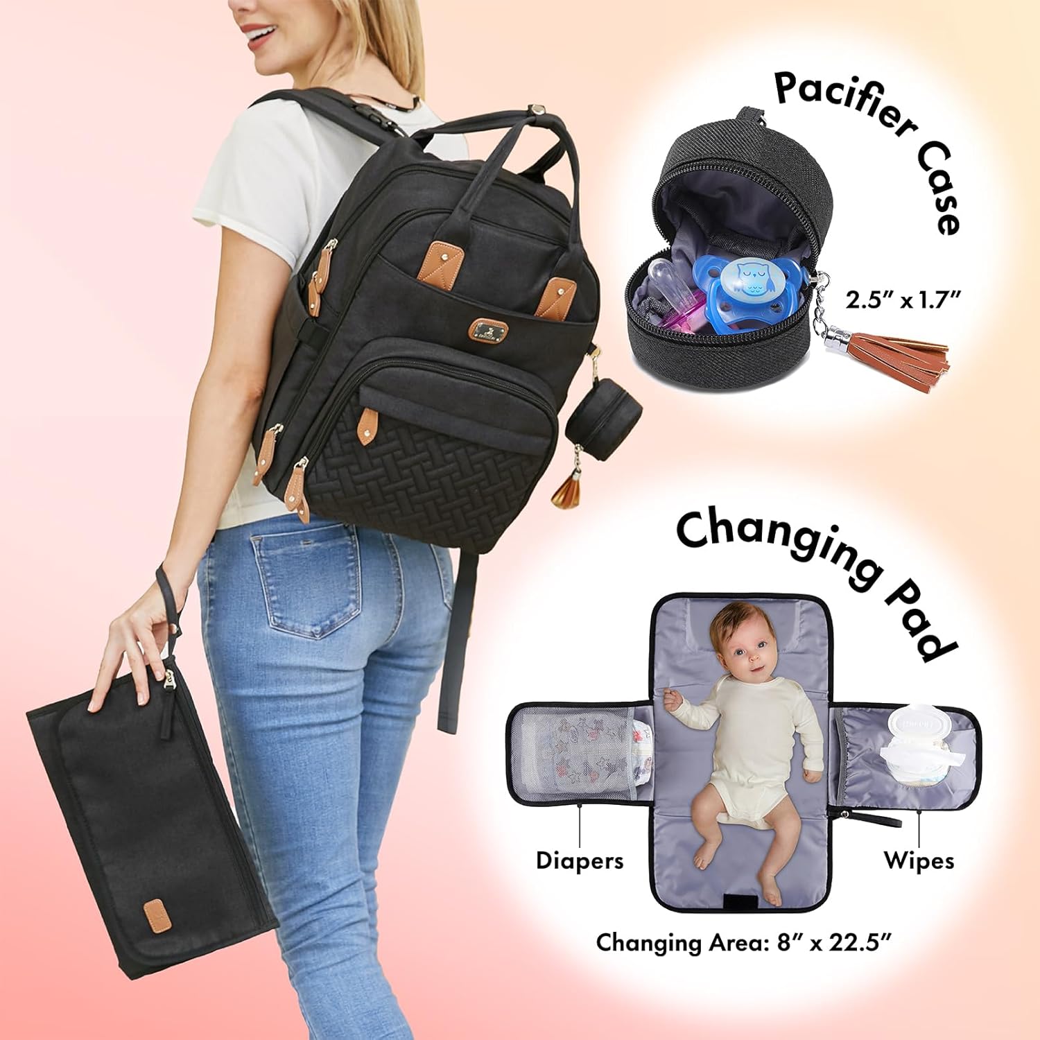 Dikaslon Diaper Bag Backpack with Portable Changing Pad, Pacifier Case