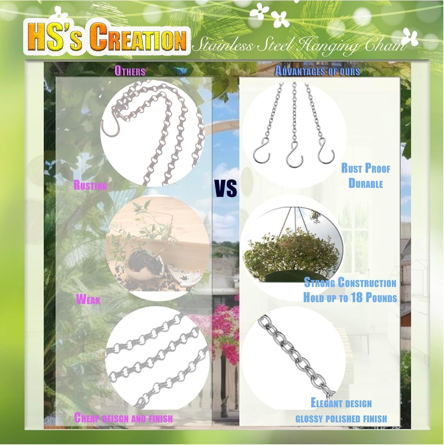 HS's Creation Stainless Steel 304 Planter Hanging Chain 10.5 Inch Long