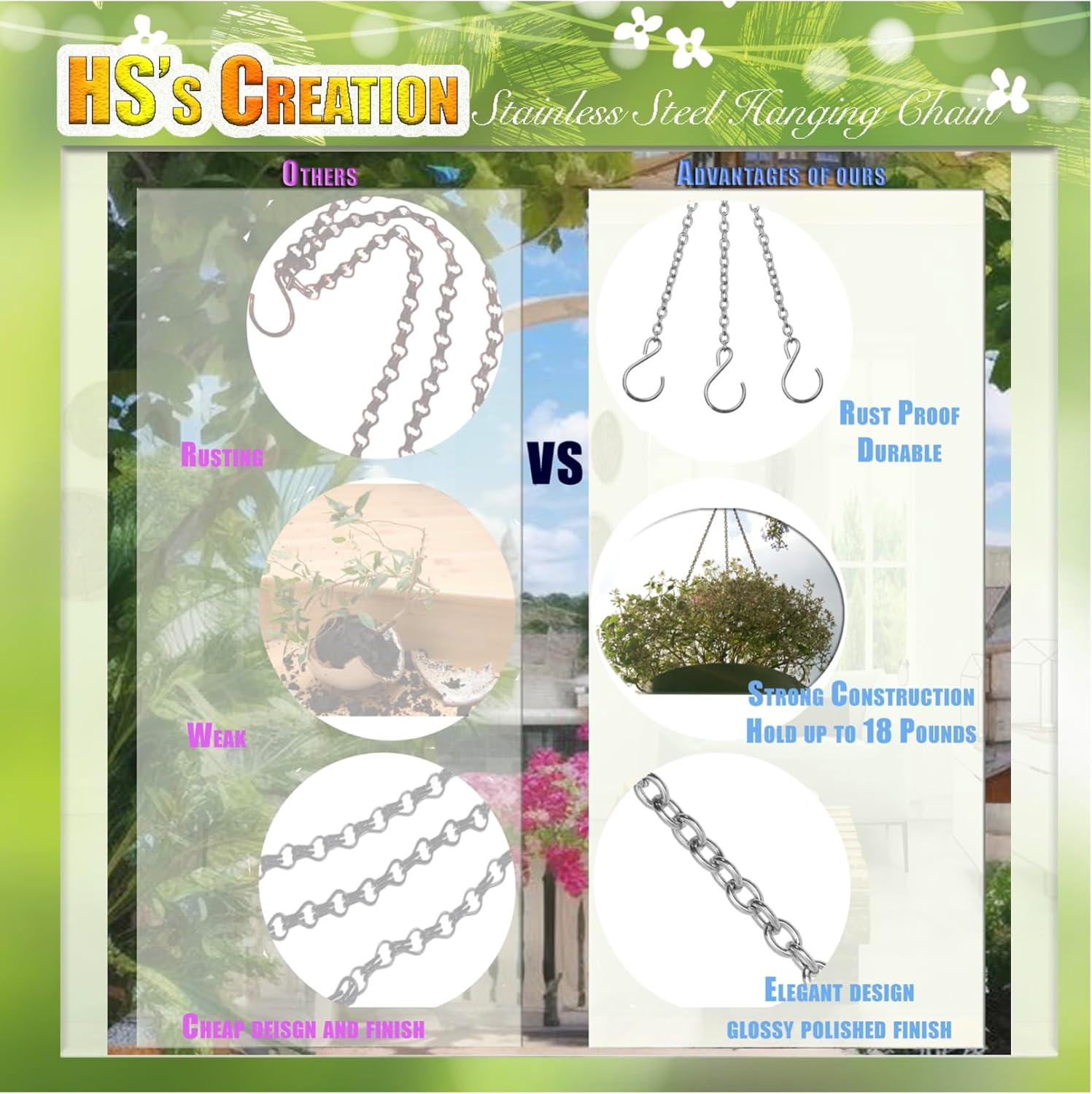 HS's Creation Stainless Steel 304 Planter Hanging Chain 10.5 Inch Long