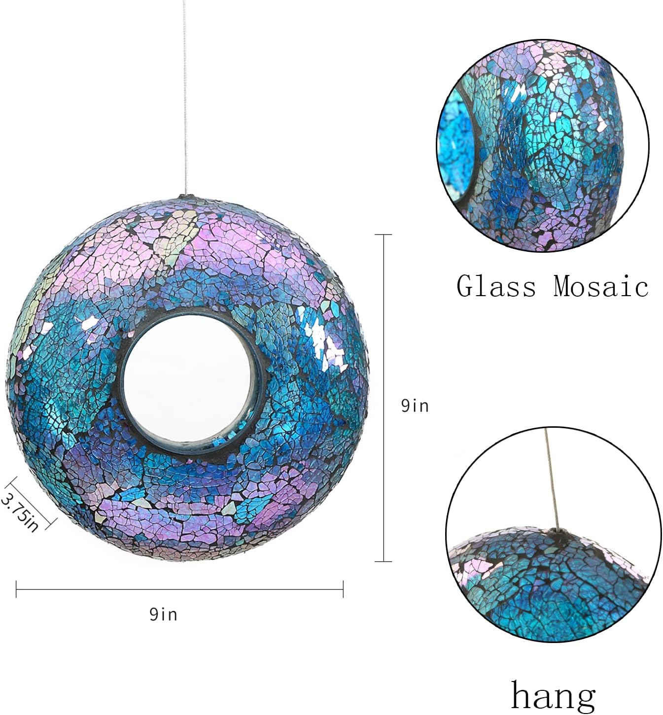 Bird Feeder, Round Squirrel-Proof Wild Bird Feeder, Fly-Through Hanging Glass Design, Large Wreath-Shaped Bird Feeder, Mosaic Patterns for Outdoor Gardens and Yards Decoration, Blue Circle