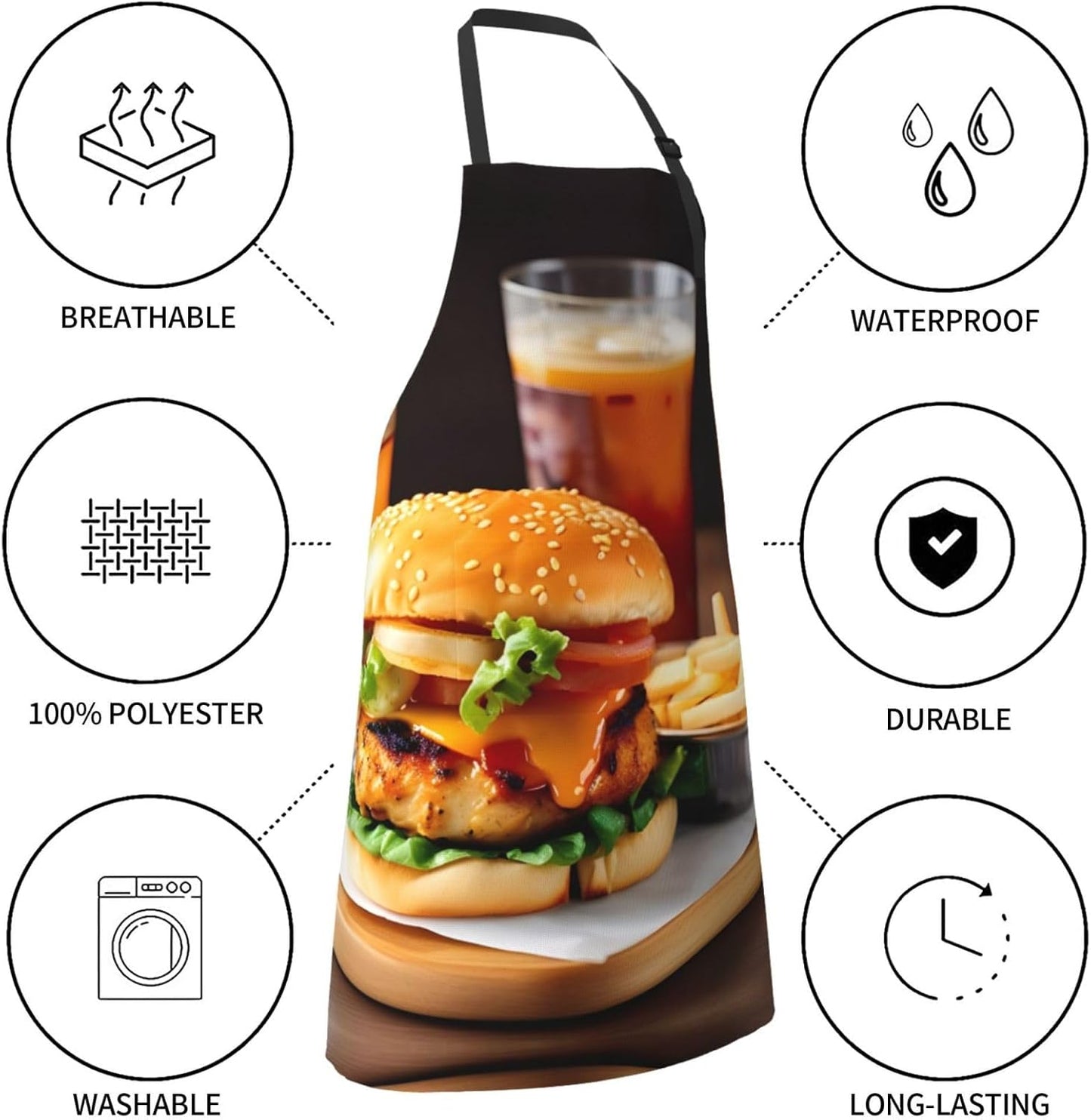 Chicken leg burger drink print Waterproof chef's apron with pocket apron for kitchen cooking baking barbecue and gardening