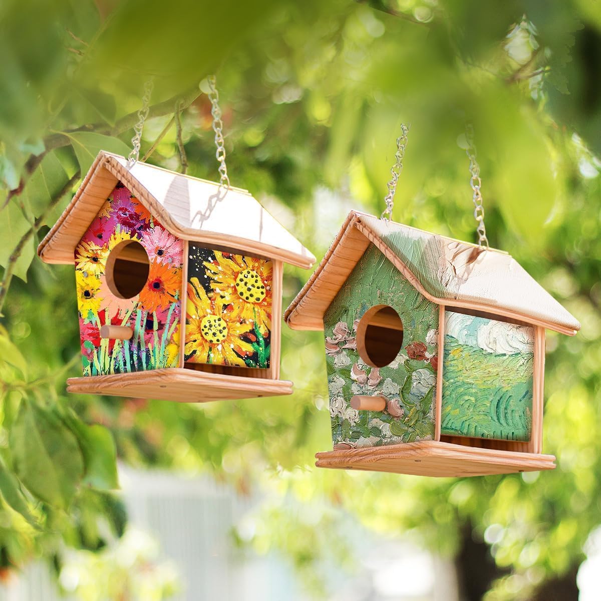 2pc DIY Birdhouse Kit, Cedar Wood Bird House Kits Bulk for Adults, Art Craft Outdoor Birdhouse, Solid Wood Weather Proof Material Painting Kit, Chain for Tree Hanging