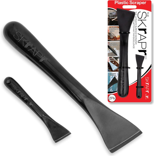 Plastic Scraper Tool, 2 Pack, Non-Scratch, 1.7 Inch Wide Blade, Long Ergonomic Handle, Heat Resistant (460F), Dishwasher Safe - Clean Ovens, Countertops, Hard Floors, Walls, and Windows