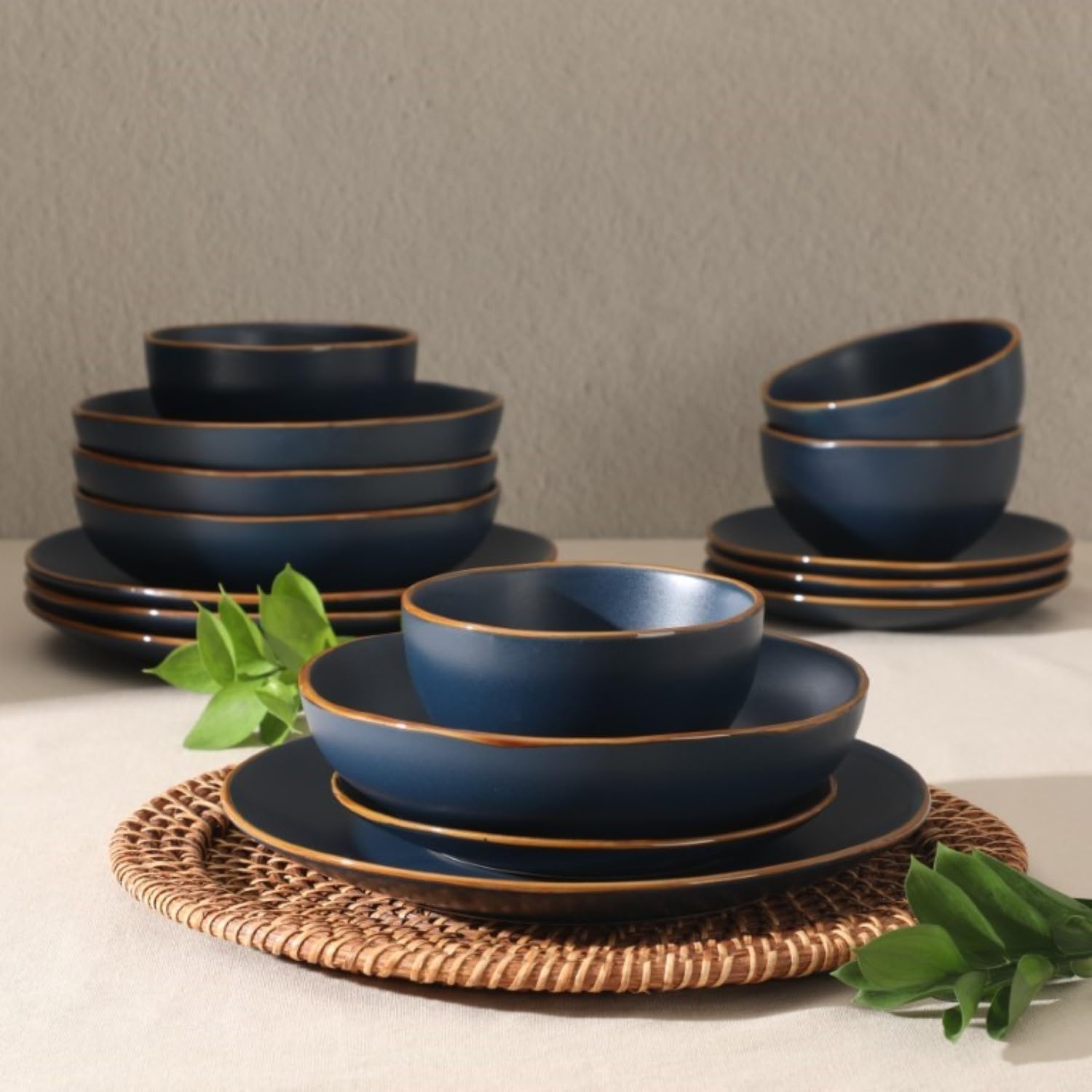 Gibson Home Hazeltine 16-Piece Navy Blue Stoneware Dinnerware Set – Pl