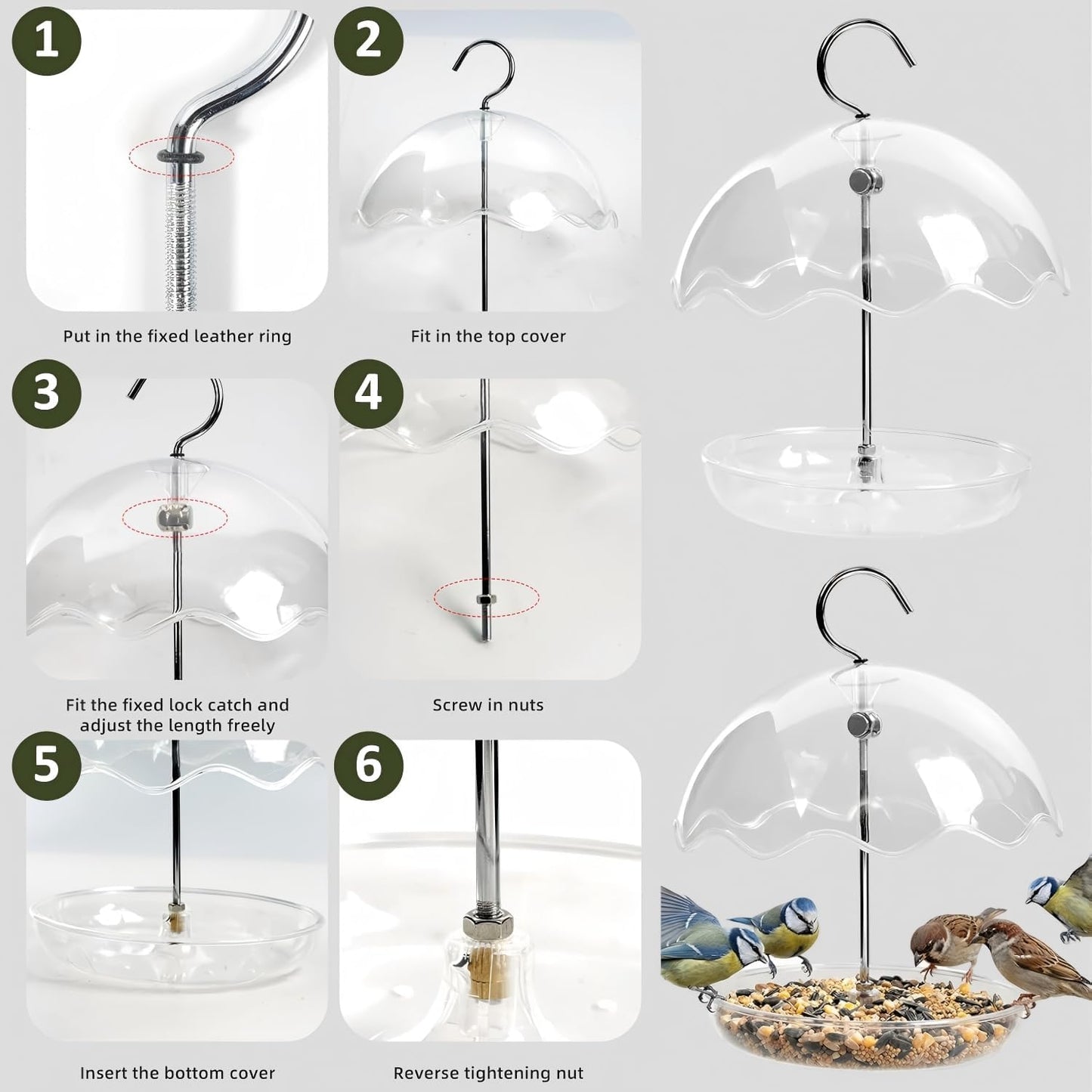 Hanging Platform Bird Feeder with Rain Shield, Adjustable Outdoor Seed Tray Feeder with Clear Dome, Large Capacity Plastic Bird Feeder for Wild Birds, Garden Porch Balcony