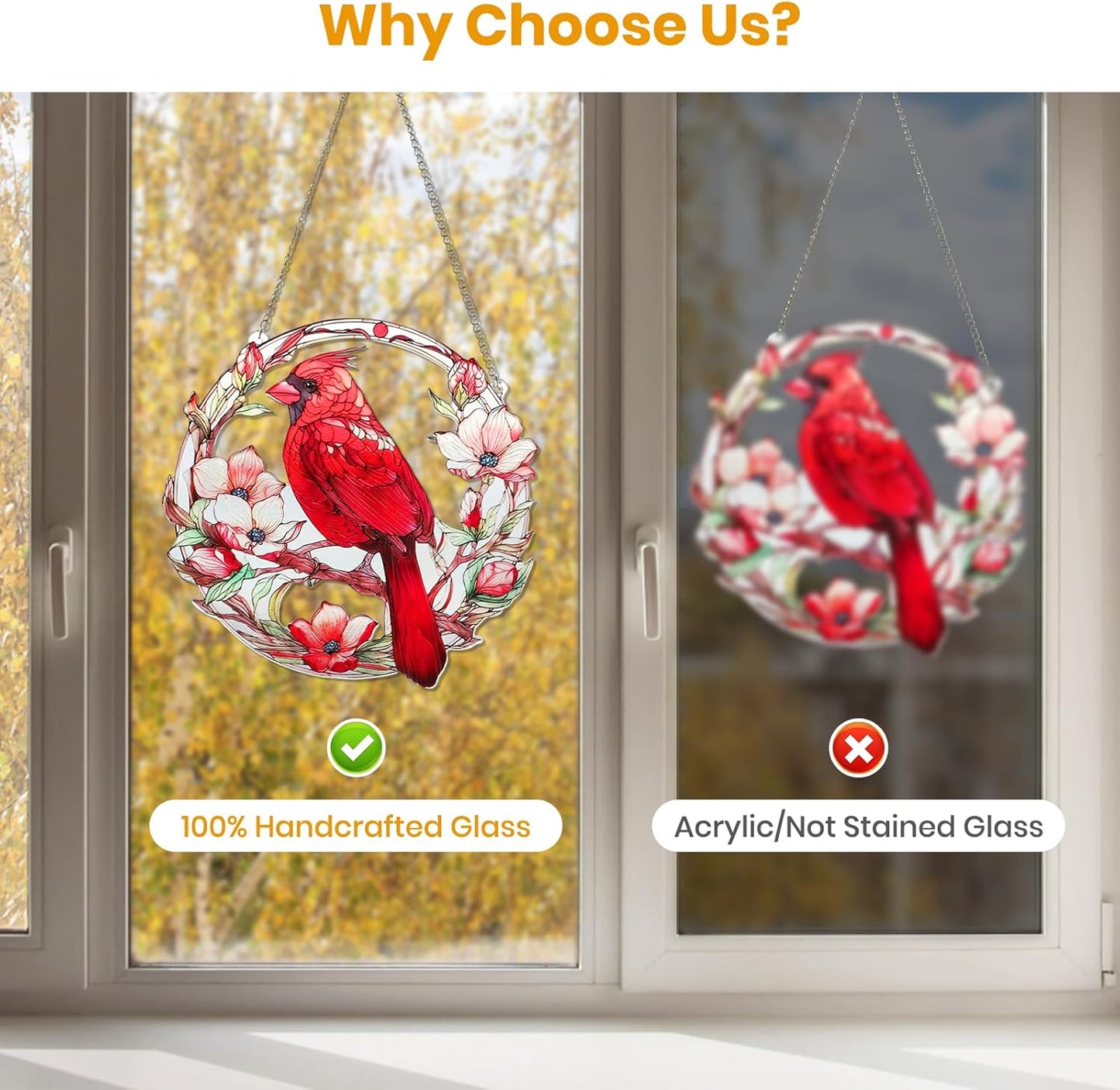 Stained Glass Window Hanging Suncatcher, Cardinal Bird Sun Catchers Double Side Glass Panel Window Hanging, Craft Decor Birthday Gifts for Women, Men, Mom and Lovers 7.8x7.8 inch