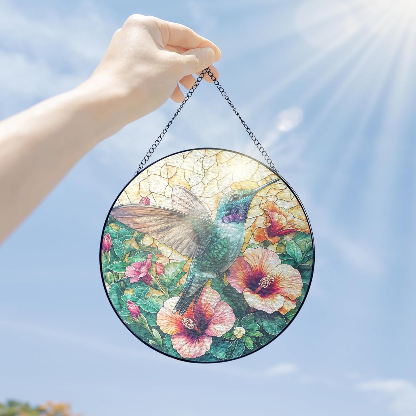 FLAGWIX Hummingbird Gifts for Women - Stained Glass Window Hanging 8 in - Sun Catchers Indoor Window for Boho Home Decor, Hibiscus Hummingbird Suncatcher, Mother Day Birthday Gifts for Mom Grandma