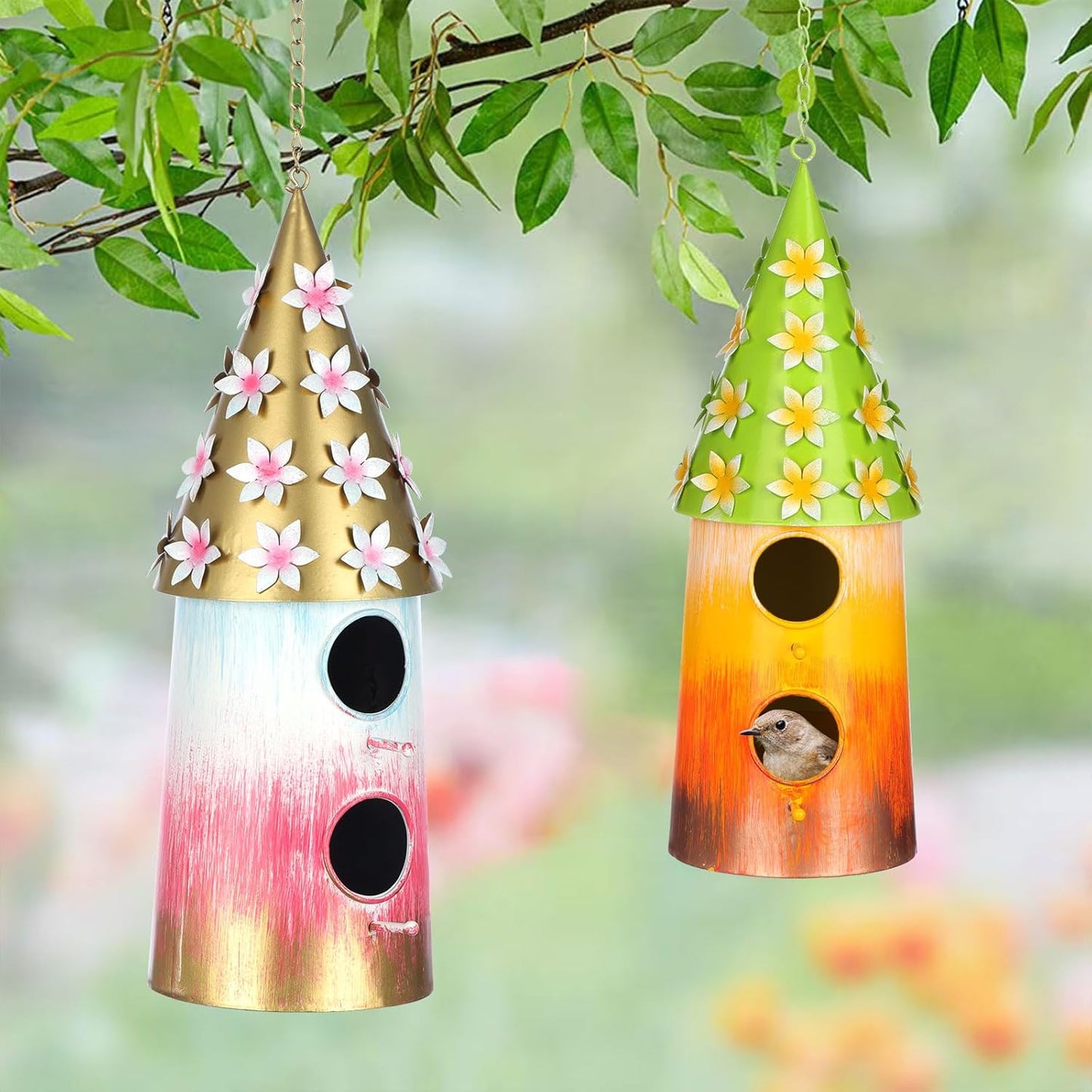 BAYN Hanging Bird House for Outside, 2 Story Double Hole Metal Birdhouse for Outdoor Hanging Handwork Bird Nest Decorative Garden Decor Outdoor